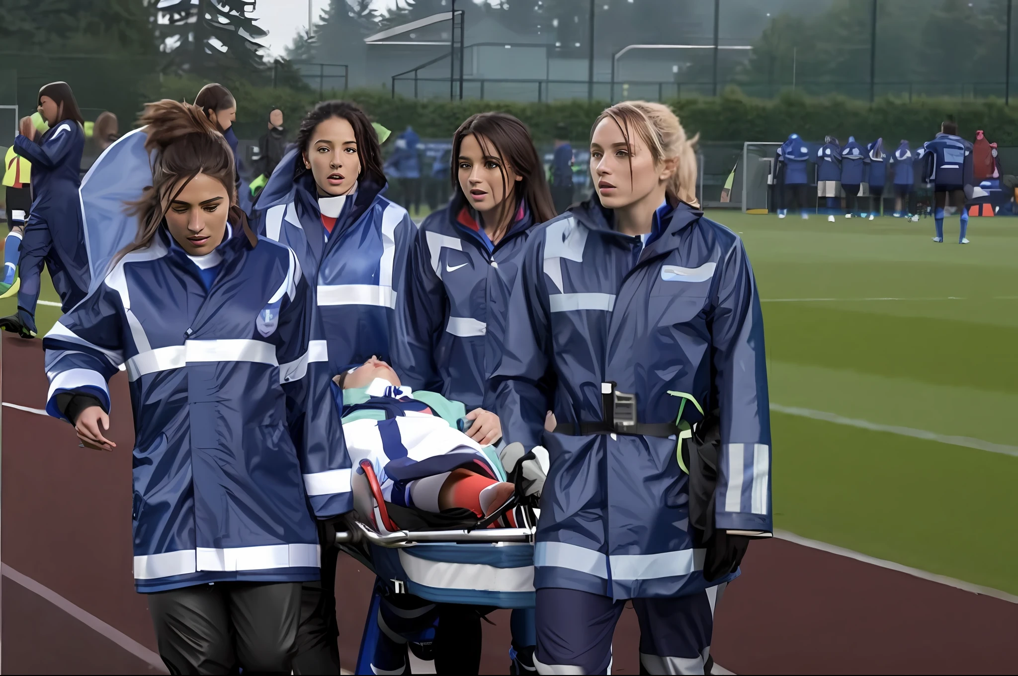 Im Hintergrund findet bei regenwetter ein fussballspiel in einem sportstadion statt, In the foreground, four long-haired women in blue uniform raincoats and black smooth leather pants carry an injured male soccer player off the pitch, An injured soccer player lies on a stretcher with his feet pointing forward to us while lying on his back, Four long-haired women in blue raincoats peek towards us with shaken expressions on their faces, Four women in shiny blue raincoats carry a stretcher with an injured soccer player towards us on a soccer field