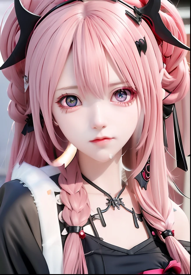 Krul Tepes ,Anime girl ,pink hair ,black shirt ,red eyes ,gothic ,realistic ,ultra detail ,70 mm lens