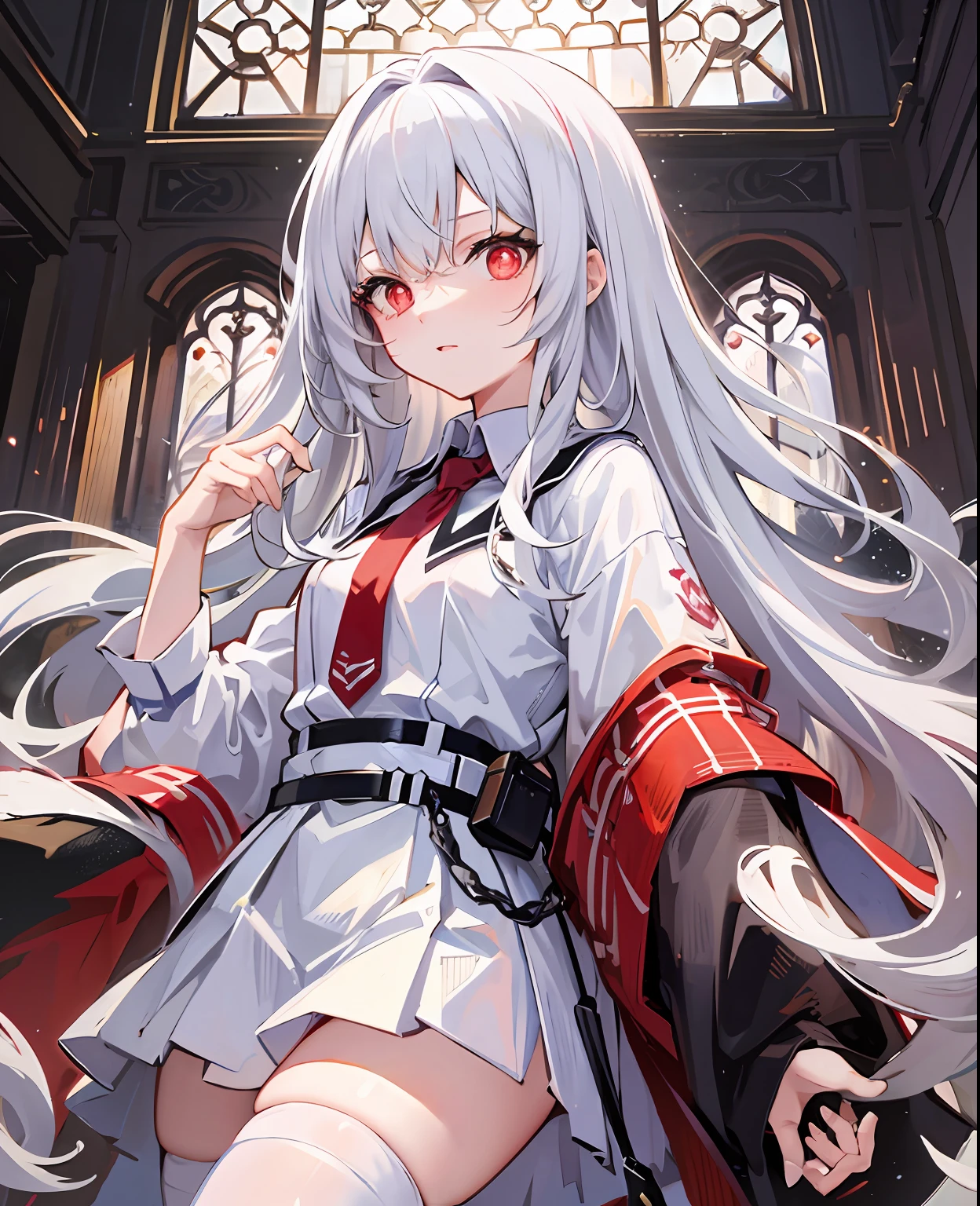long white hair,red pupils,white stockings,white skirt