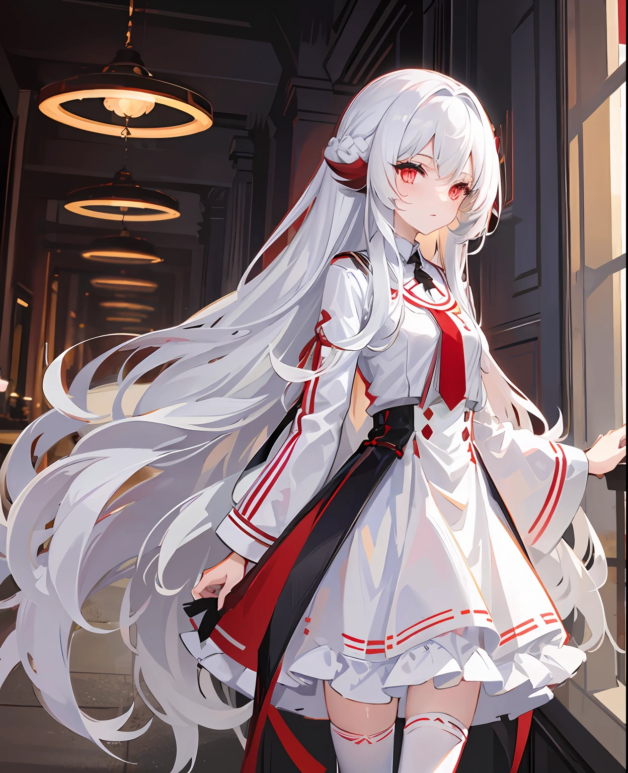 long white hair,red pupils,white stockings,white skirt