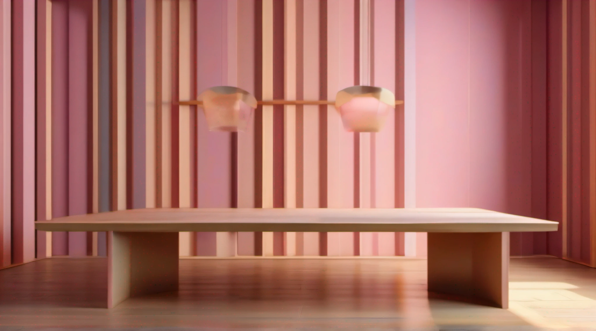 There is a wooden table, There is a pink-gold wall at the back, Volumetric midday lighting, Contrasting color light and shadow, Realistic afternoon lighting, fully rendered light to shadow, detailed archviz render, soft natural volumetric lighting, low angle dimetric rendering, vibrant volumetric natural light, muted colors with minimalism, inspired by Donald Judd, gradient and patterns wallpaper, raytraced shadows, Realistic, Masterpiece, Masterpiece, 4K, A high resolution, Award-Awarded, hyper HD,