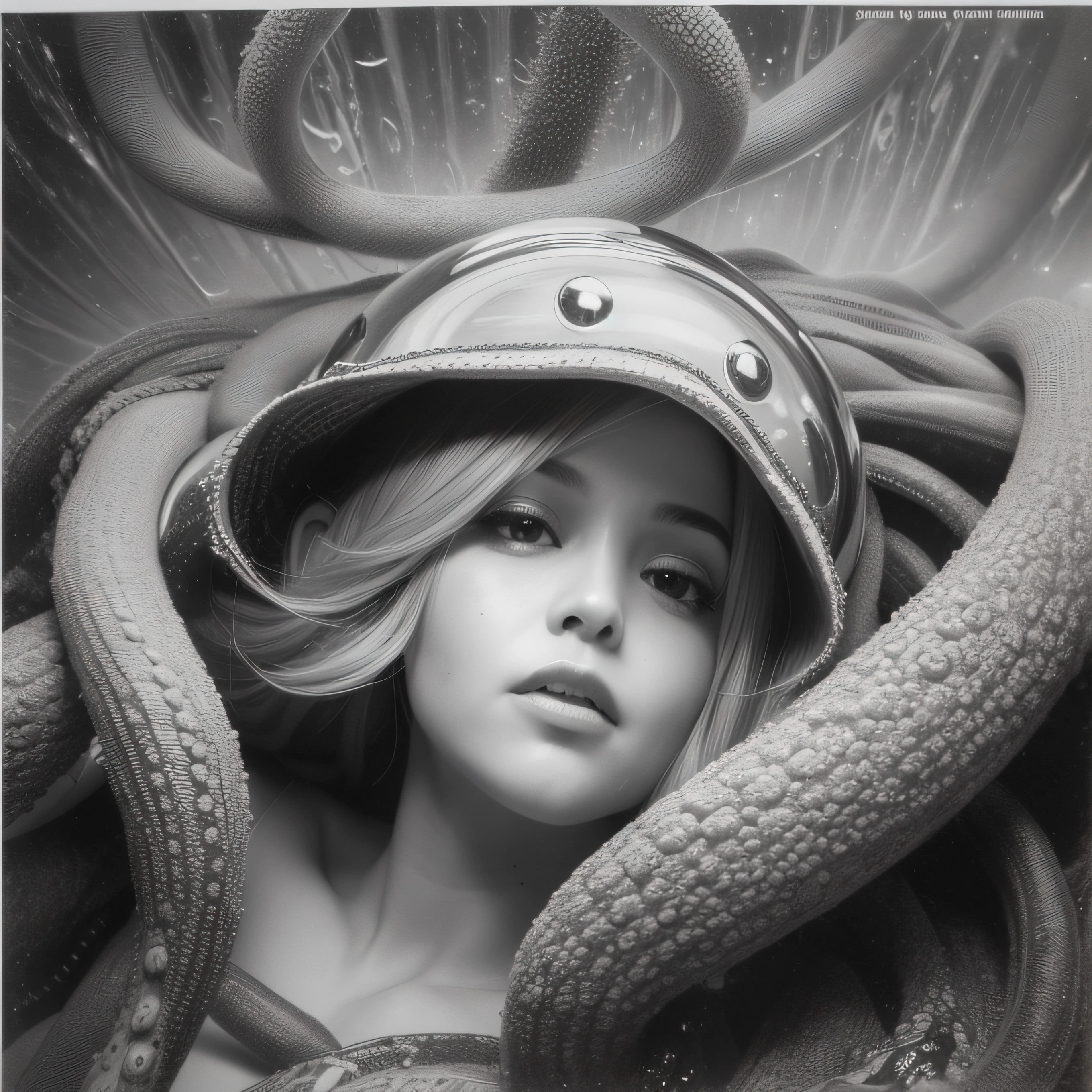 (extremadamente detallado, obra maestra, La mejor calidad), Estilo oscuro, intense illumination, rostro con arrugas, lengua larga, tentacle, deforme, monstruoso, interior de una piscina de agua verdosa, imagen submarina, alien con Colmillos finos, pico de pulpo amenazante. manchas de tinta. Rococo composition. Luz de caravaggio