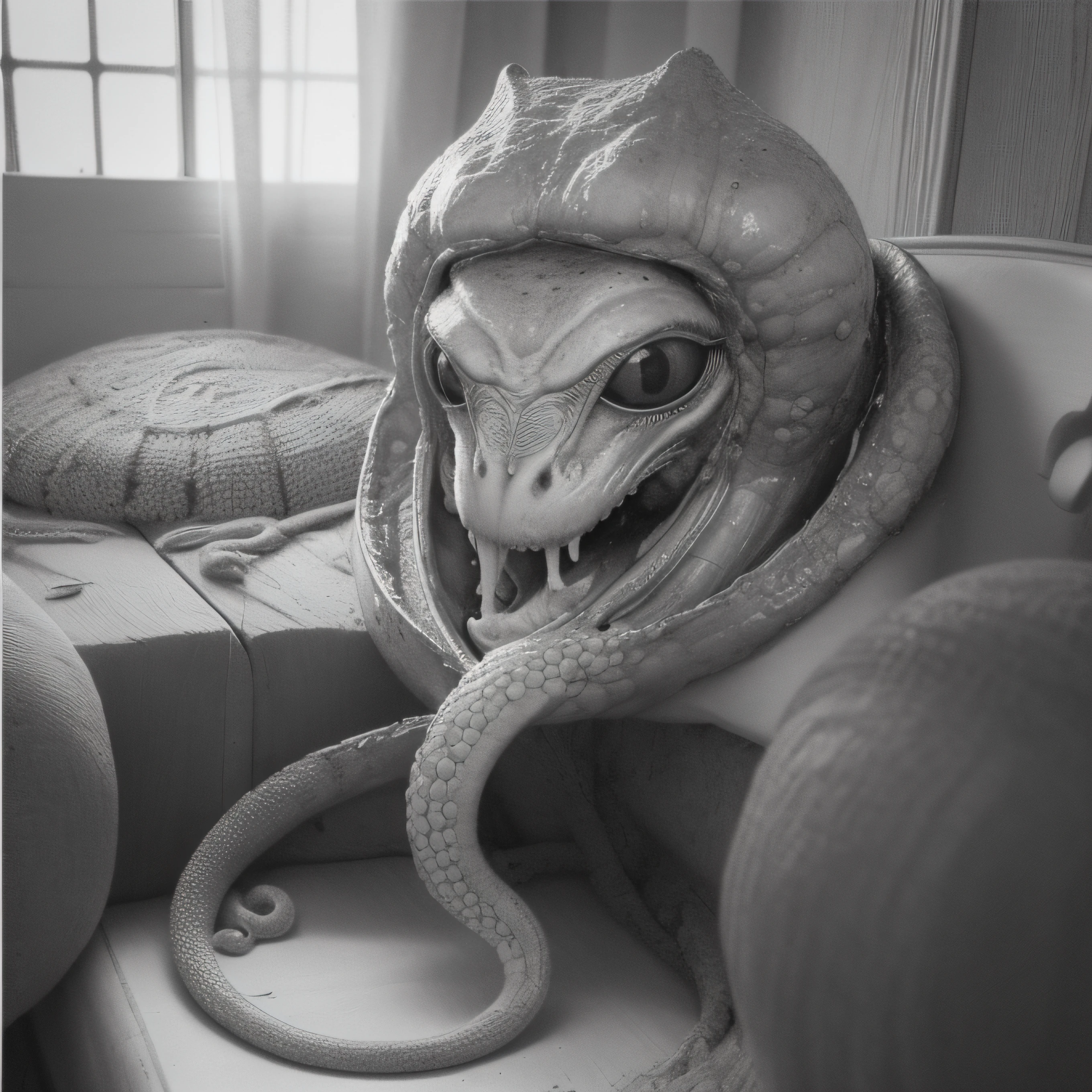 (extremadamente detallado, obra maestra, La mejor calidad), Estilo oscuro, intense illumination, rostro con arrugas, lengua larga, tentacle, deforme, monstruoso, interior de una piscina de agua verdosa, imagen submarina, alien con Colmillos finos, pico de pulpo amenazante. manchas de tinta. Rococo composition. Luz de caravaggio