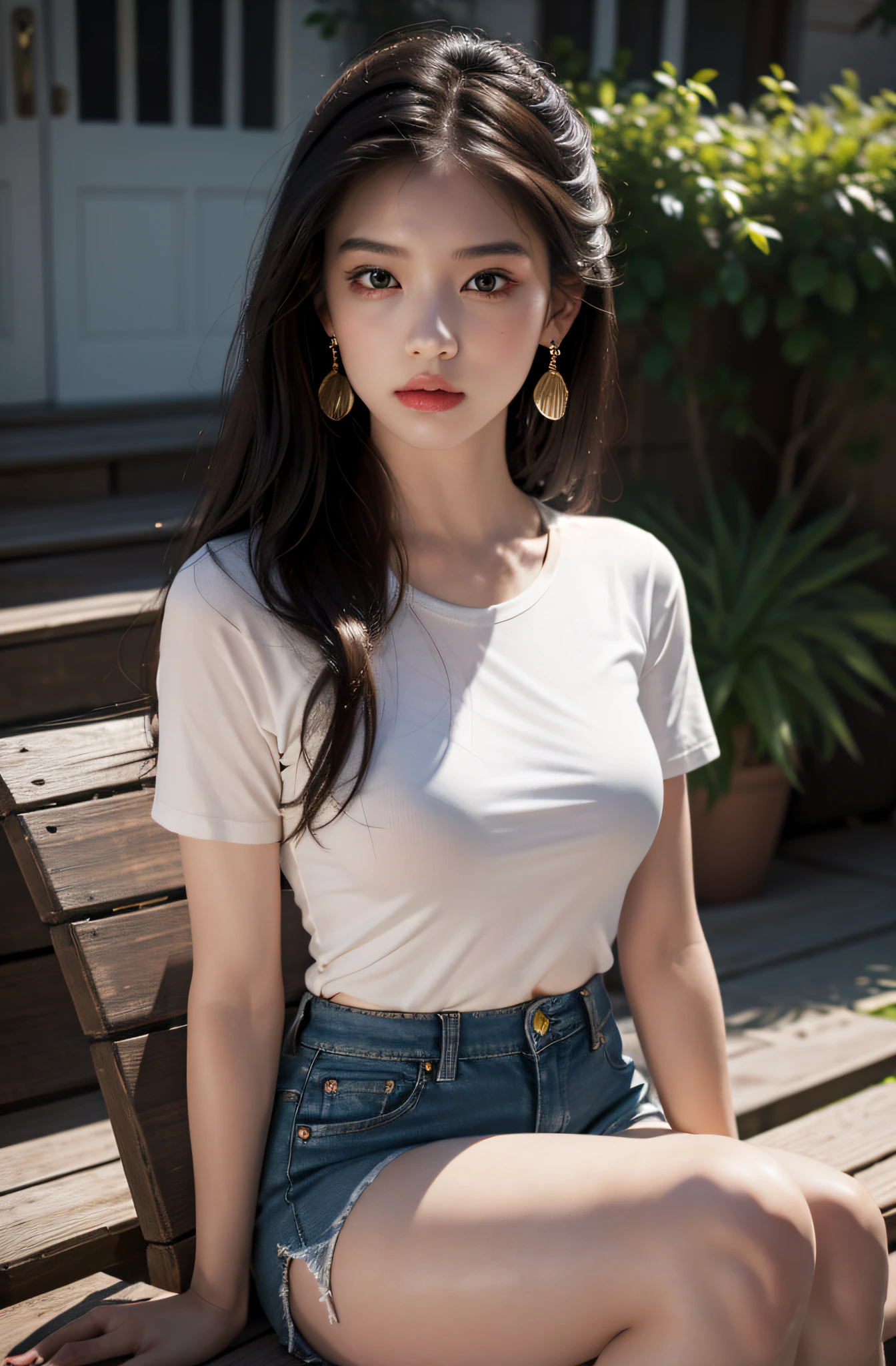 Best quality, masterpiece, super high resolution, (realistic: 1.4), original photo, (evening street), 1 girl, black eyes, looking at the audience, long hair, light makeup, lips, small ears, white t-shirt, denim shorts, earrings, sitting Ferrari, big breasts, slim