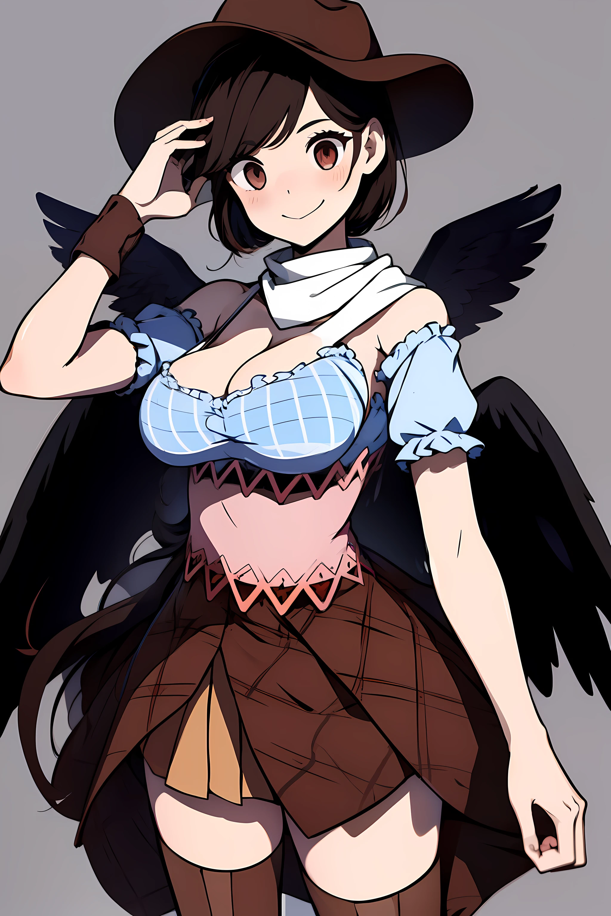 (masterpiece),best quality, expressive eyes, perfect face, 1girl,
big breast, H-cup, good breast, beautiful, gorgeous,anime,girl,lora, floating clothes, tent chest ,
 nipple visible  though clothes,Saki Kurokoma,
red eyes,
black hair,
short hair,
long ponytail,
black wings,
black horse tail,
brown cowboy hat,
brown boots,
light blue plaid shirt,
light pink shirt,
brown plaid skirt,
light orange skirt,
shoulders,
white bandana tied around neck,hands on waist, hands on hips,crazy smile,yameroyandere,yandere,crazy eyes,dark,glowing eyes,shaded face,empty eyes