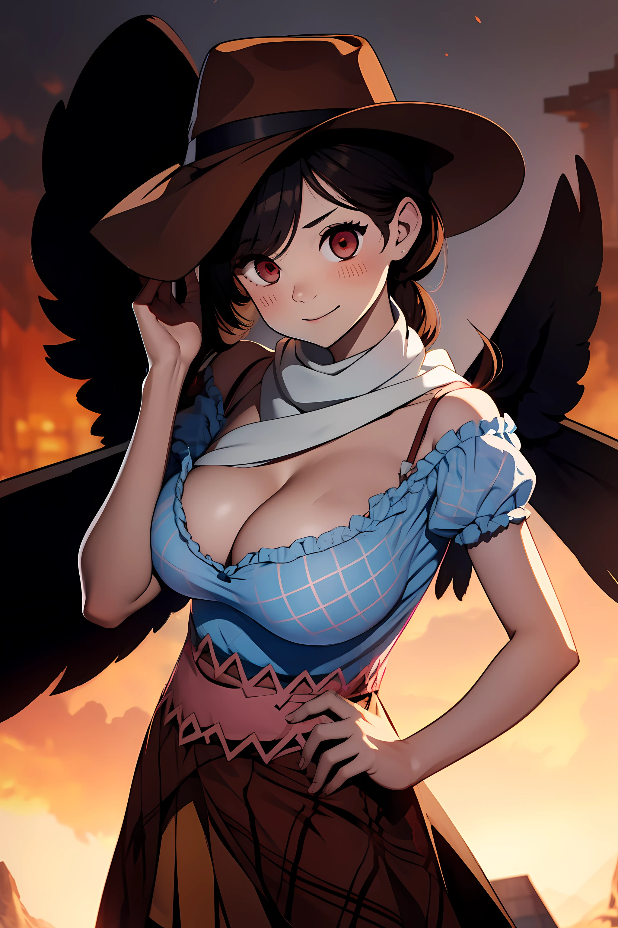(masterpiece),best quality, expressive eyes, perfect face, 1girl,
big breast, H-cup, good breast, beautiful, gorgeous,anime,girl,lora, floating clothes, tent chest ,
nipple visible though clothes,Saki Kurokoma,
red eyes,
black hair,
short hair,
long ponytail,
black wings,
black horse tail,
brown cowboy hat,
brown boots,
light blue plaid shirt,
light pink shirt,
brown plaid skirt,
light orange skirt,
shoulders,
white bandana tied around neck,hands on waist, hands on hips,crazy smile,yameroyandere,yandere,crazy eyes,dark,glowing eyes,shaded face,empty eyes