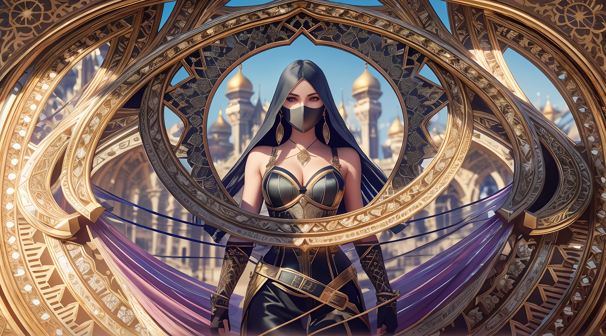 Arad woman in corset and mask standing in a circular mirror, Gorgeous Role Play, fantasy rpg symmetrical portrait, alena aenami and artgerm, stunning cgsociety, cgsociety 8k, cgsociety 8 k, cgsociety 8k, elegant cinematic fantasy art, unreal engine rendered + A goddess, fantasy style 8 k octane render