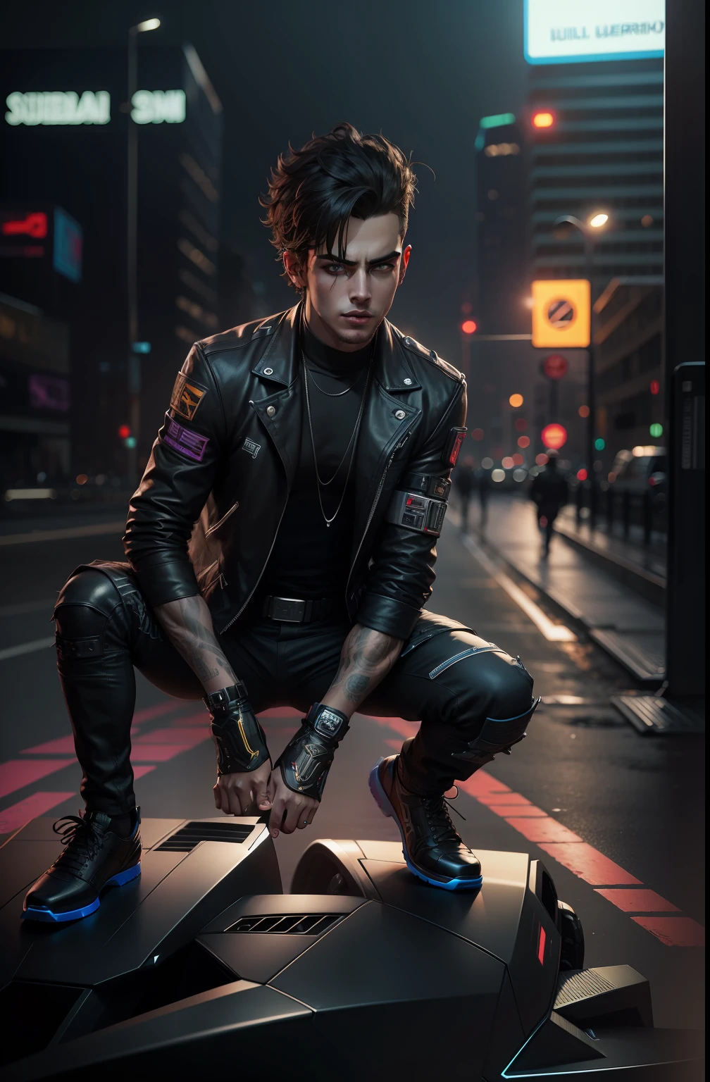 Change background cyberpunk handsome boy, realistic face, background Lamborghini, 8k, ultra realistic,