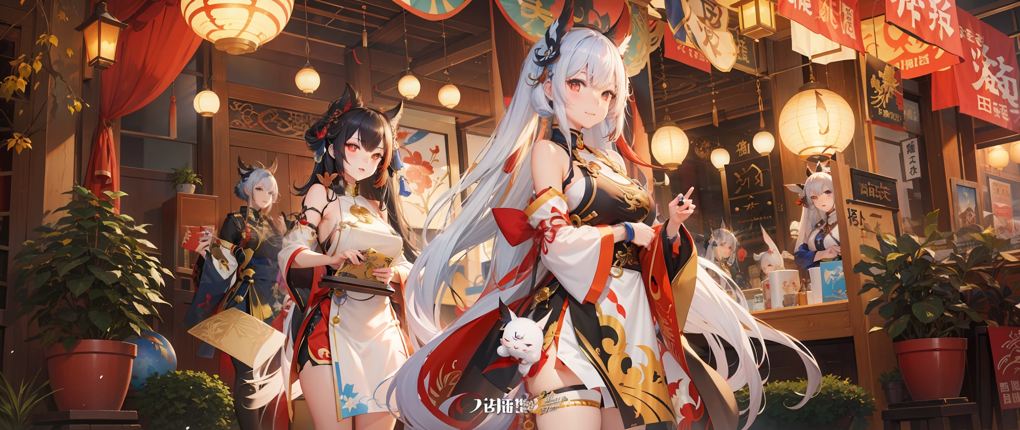 Anime characters in shop windows with oriental decorations, 《azur lane》role, A scene from the《azur lane》videogame, onmyoji, Kantai collection style, krenz cushart and wenjun lin, trending on cgstation, Official artwork, trending on artstation pixiv, azur lane style, An anime cover, Onmyoji detailed art