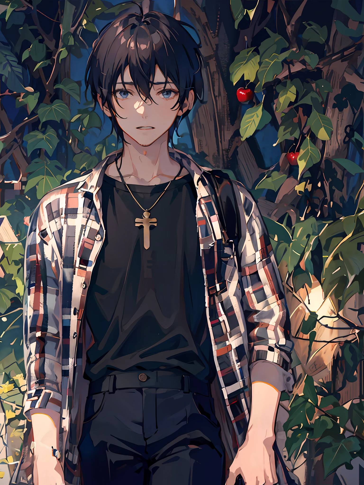 1boy, apple, bag, bangs, berry, black hair, black shirt, blue eyes, hair between eyes, jewelry, leaf, looking at viewer, male focus, necklace, pants, shirt, solo, watch, white pants, wristwatch, messy hair, trending on artstation, 8k resolution, highly detailed, anatomically correct, sharp image, digital painting, concept art, trending on pixiv, style of makoto shinkai,