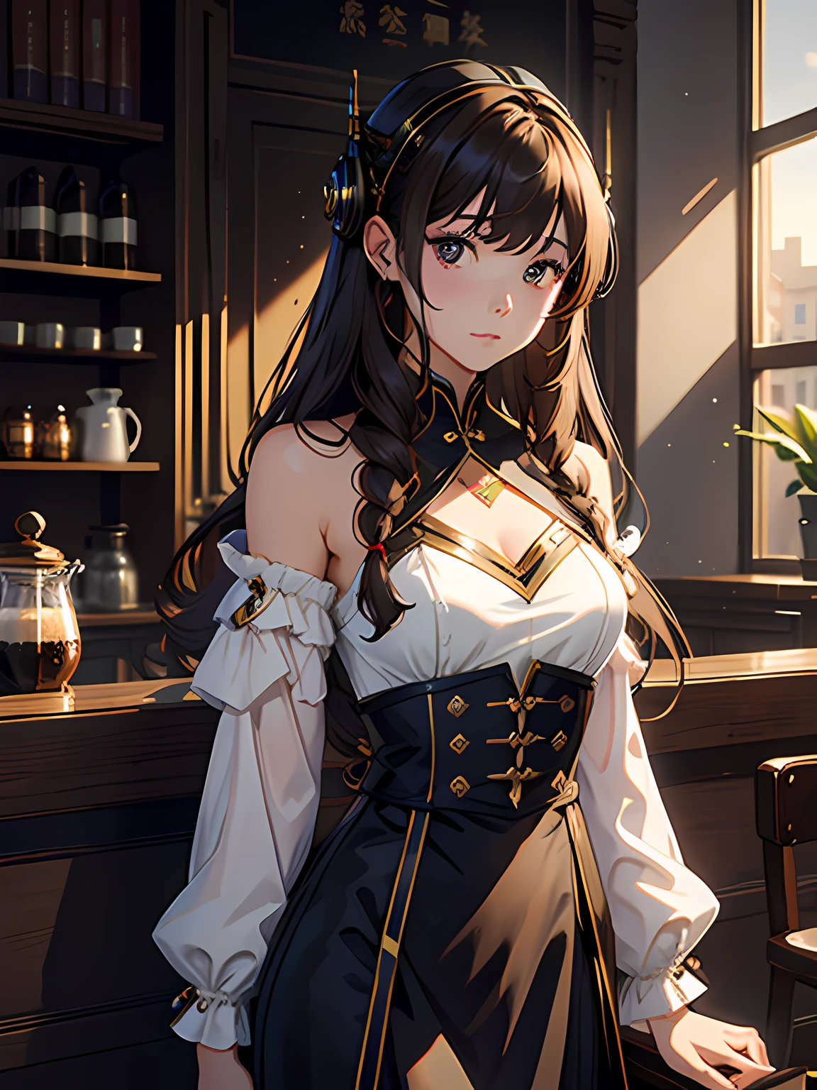 femele,goddes,solo person,Hair over the shoulder,A brown-haired,coffeehouse,Works of masters,Higher quality,high detal,超高分辨率,8K分辨率,bust,cyber punk perssonage
