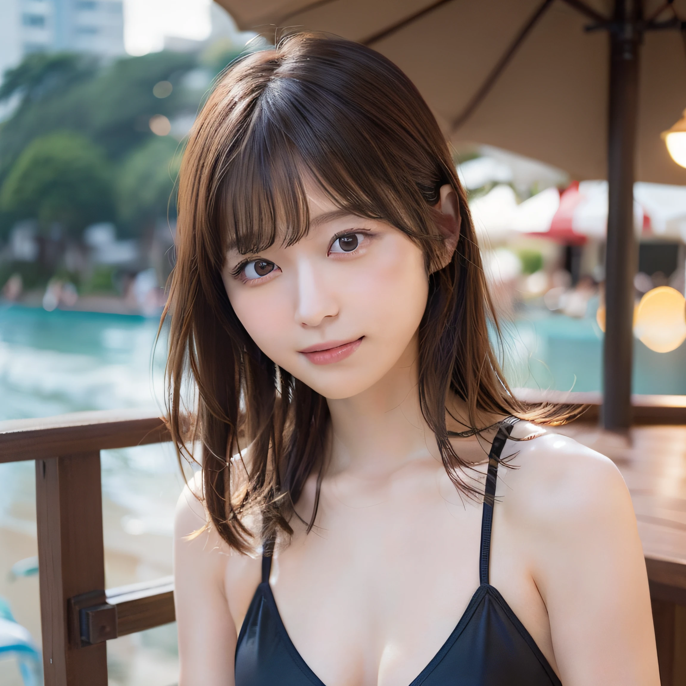 8K,Best Quality, 超A high resolution, (Photorealistic:1.4),masterpiece:1.3, Raw photo, (upper thigh:1.5, From Side:0.7), (Bokeh:1.2), sea side:1.3, (in a suite:1.6),sand beach:1.1, 1日本人の女の子, Cute, (Solo:1.6), (Shy smile), Smooth skin, (Brown medium hair,Bangs), (touch hair:1.4),nogizaka,Cute swimsuit,Beautiful black eyes:1.3、full bodyesbian:1.3