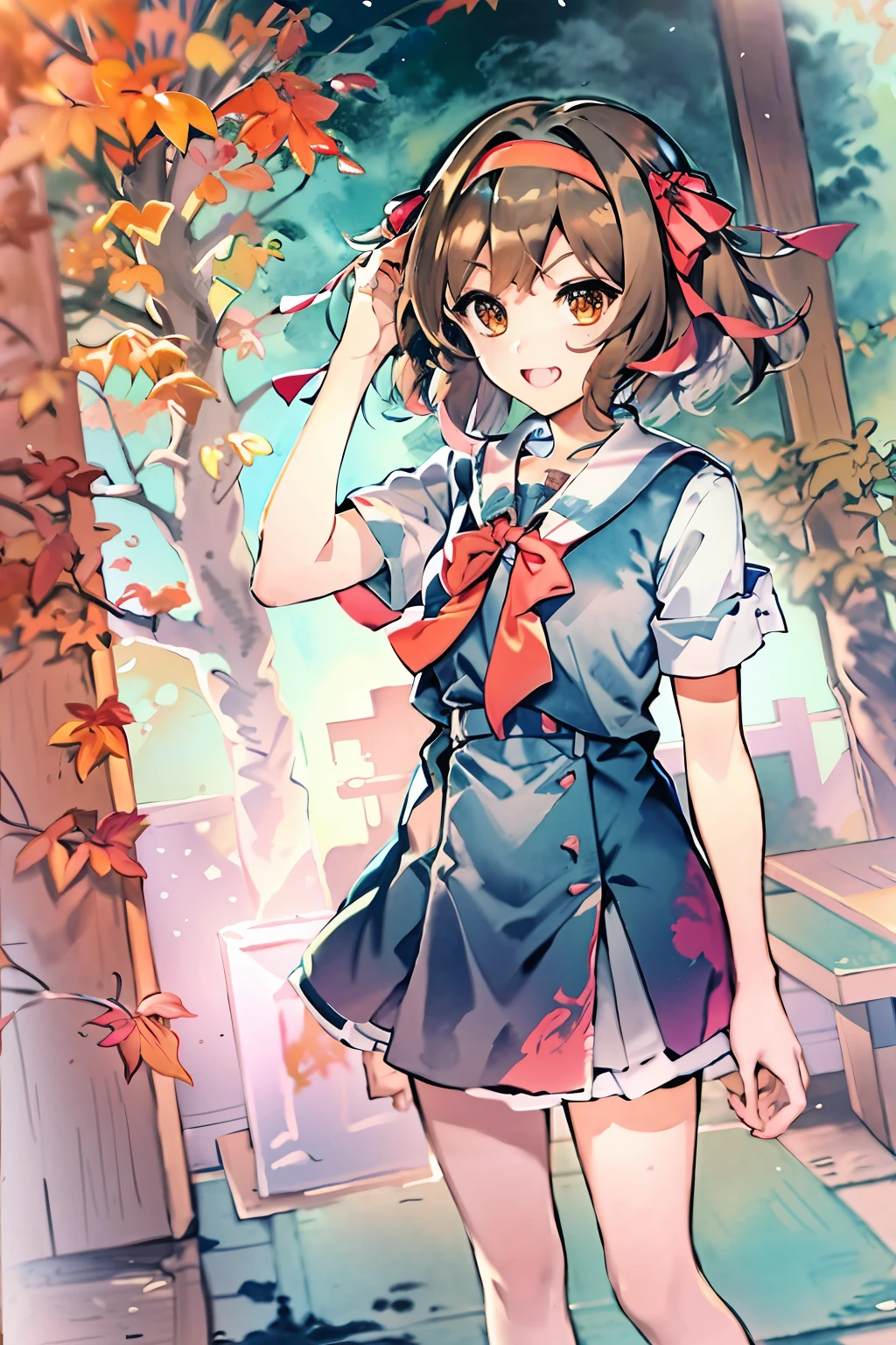 (highres, best quality:1.2), radiance, soft contours, beautiful drawing, upper body, concept art, detailed background, bright colors,
1girl, (8k, best quality, masterpiece:1.2),(best quality:1.0), (ultra highres:1.0), watercolor, 1girl, suzumiya haruhi, solo, kita high school uniform, blue sailor collar, sailor collar, brown hair, short hair, brown eyes, armband, hairband, medium hair, ribbon, by agnes cecile, half body portrait, extremely luminous bright design, pastel colors, (ink:1.3), autumn lights, traditional media, watercolor \(medium), watercolor background