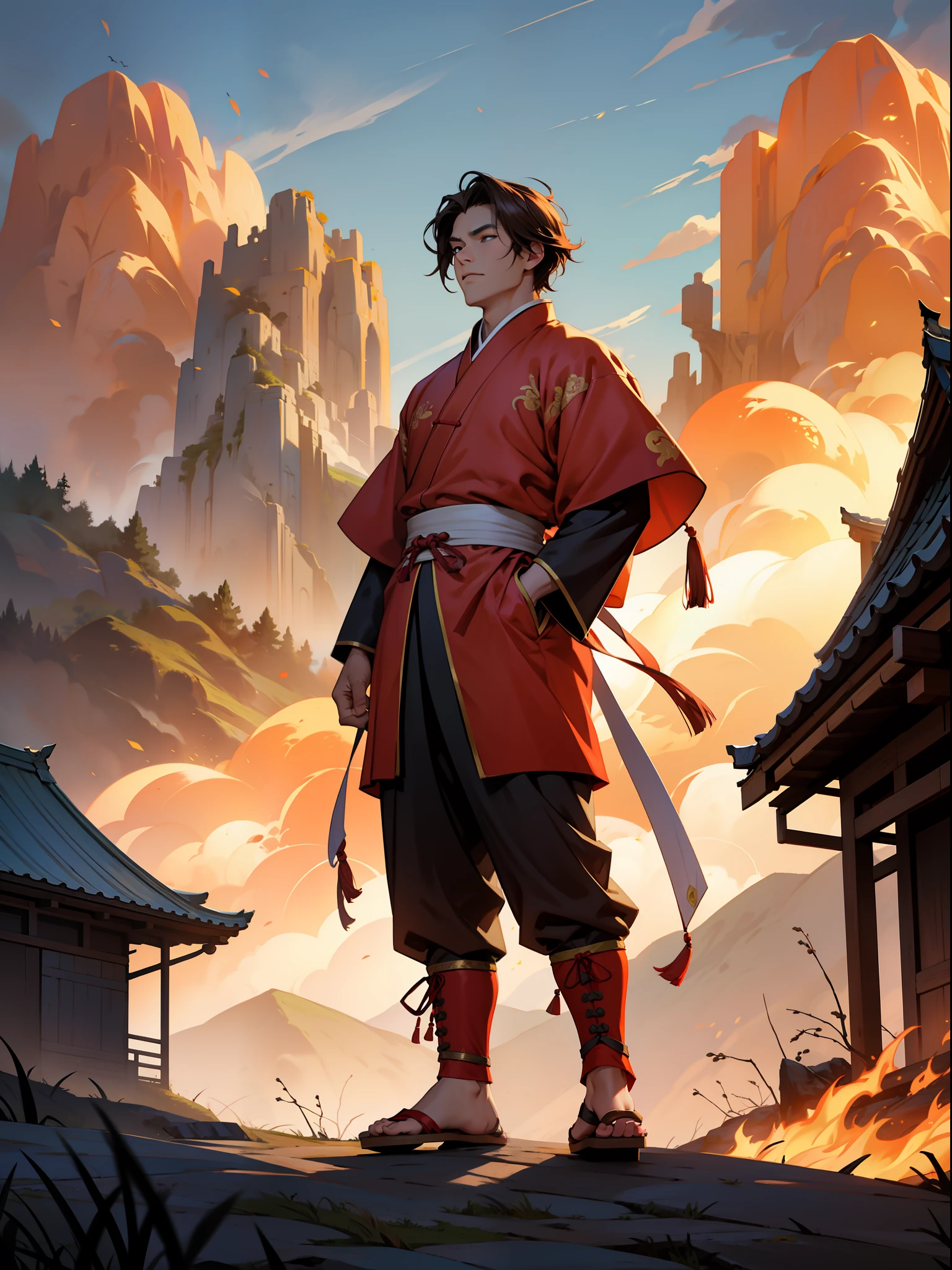 of a guy,Tang dynasty costumes,brunette color hair,Mighty,standing on your feet,Sun,fire glow,hilltop,Cloudy weather