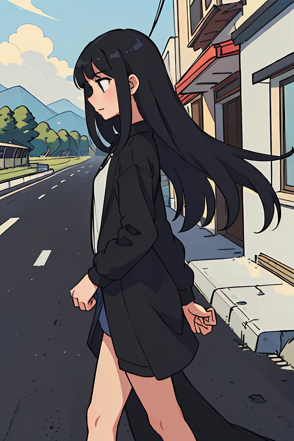 Illustration of a girl having long black hair , slim and tall, walking parallel to the road, ((view can be seen from the side)), it is a side angle, we can only see her one side, she is lookin ahead,