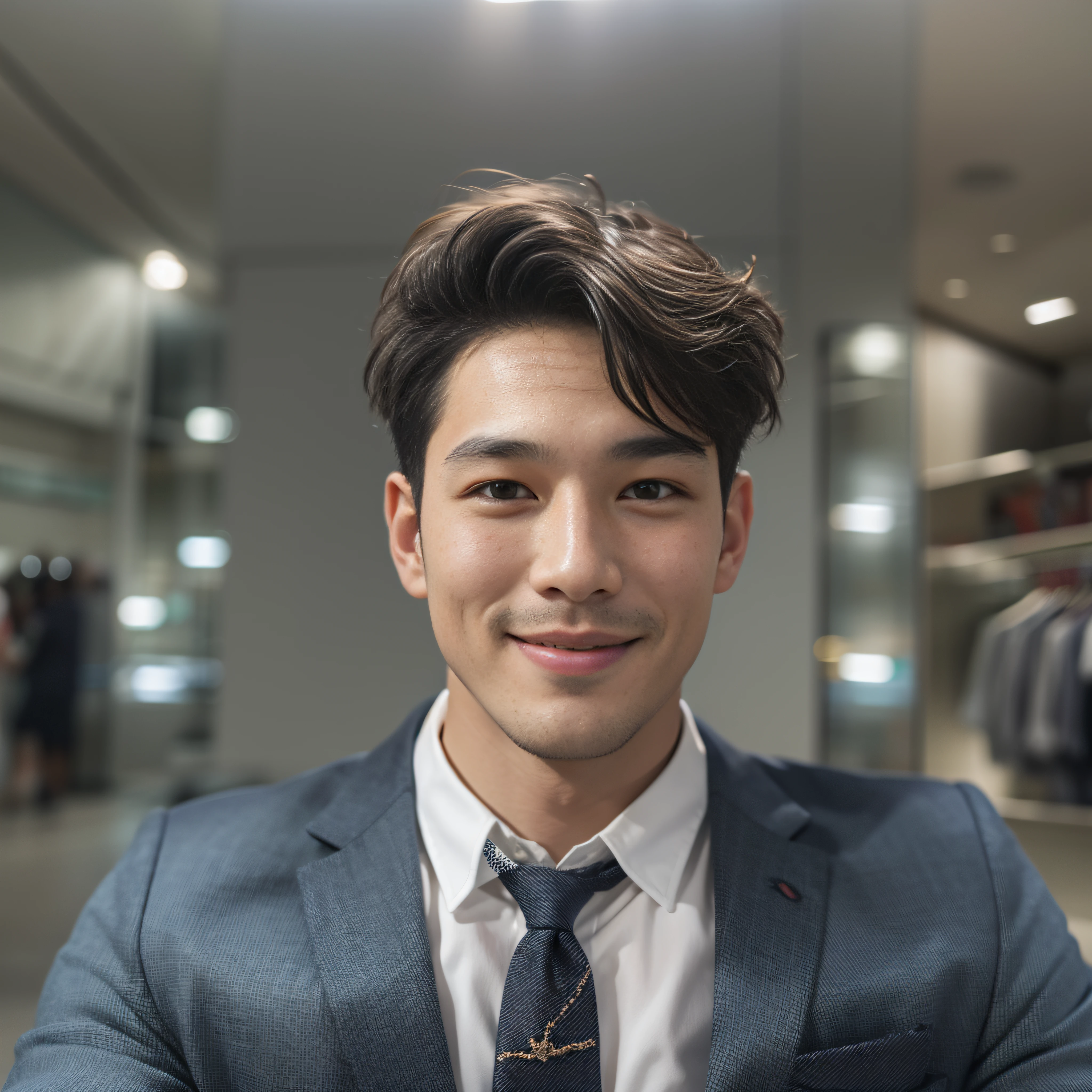 1 man in his 30s、A smile、Latest fashionable suits 、Medium Hair、Wave hair、、Super cool、twinks、Nice perfect face with soft skin、、8K分辨率、A hyper-realistic、ultra-detailliert、hightquality、
