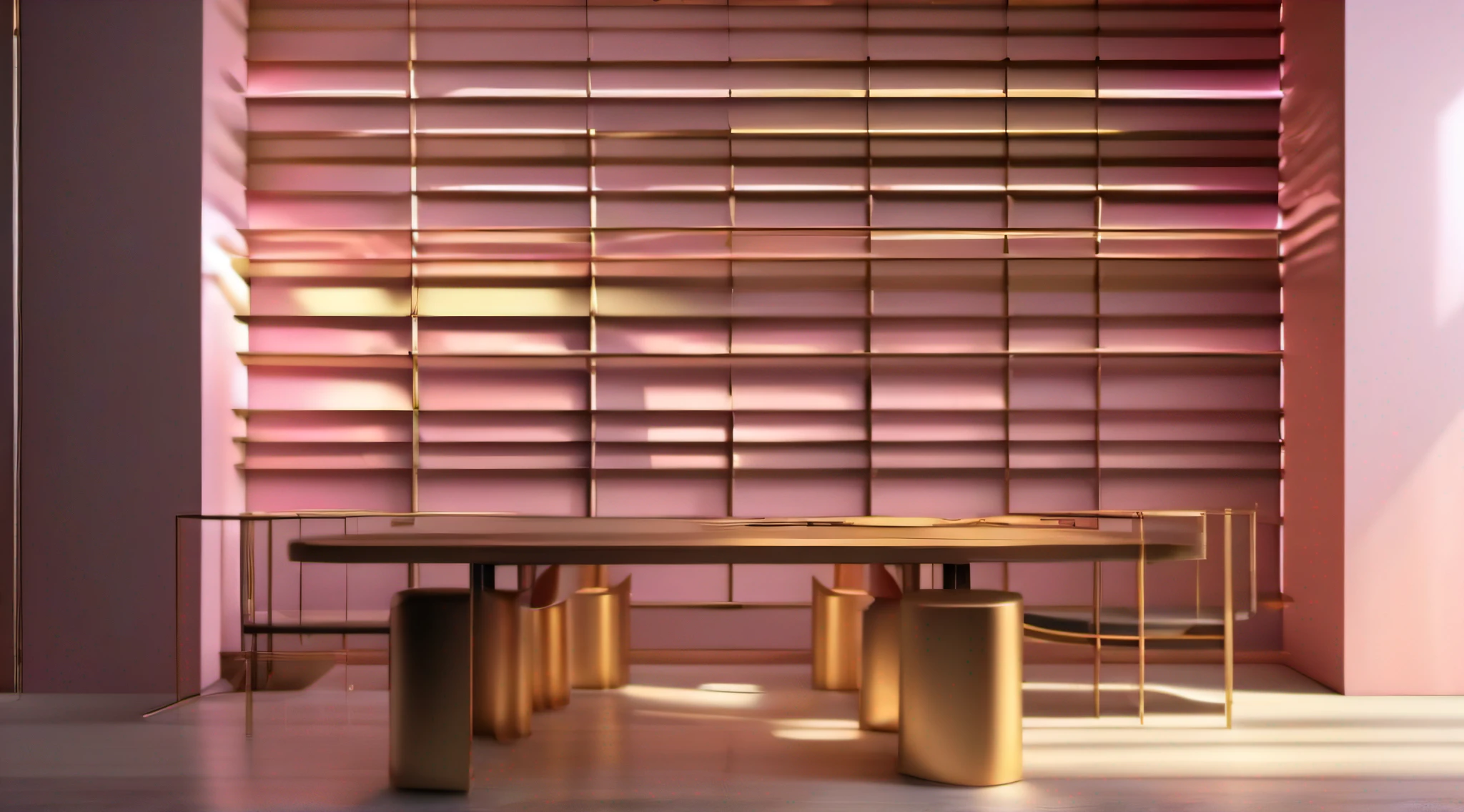 There is a wooden table, There is a pink-gold wall at the back, Volumetric midday lighting, Contrasting color light and shadow, Realistic afternoon lighting, fully rendered light to shadow, detailed archviz render, soft natural volumetric lighting, low angle dimetric rendering, vibrant volumetric natural light, muted colors with minimalism, inspired by Donald Judd, gradient and patterns wallpaper, raytraced shadows, Realistic, Masterpiece, Masterpiece, 4K, A high resolution, Award-Awarded, hyper HD,