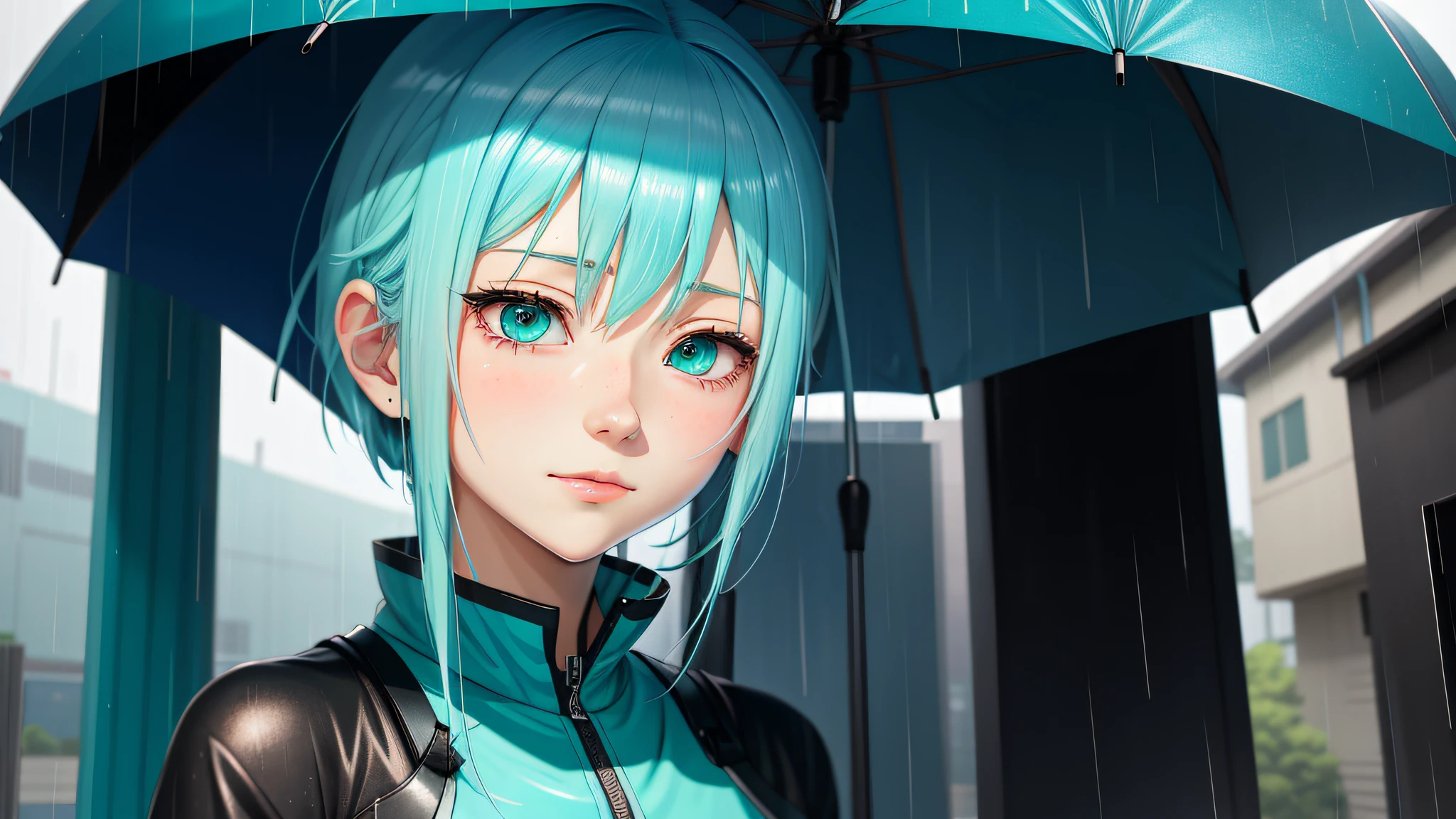 anime girl with blue hair and blue eyes in the rain, an anime drawing inspired by Yuumei, pixiv contest winner, Digital art, Anime girl with teal hair, Hatsune Miku short hair, Anime style portrait, sad cerulean eyes, nightcore, fubuki, Anime moe art style, mikudayo, portrait anime girl，girl portrait, anime styled digital art, Digital anime art，Wear a skinny all-inclusive gel suit，shackle，