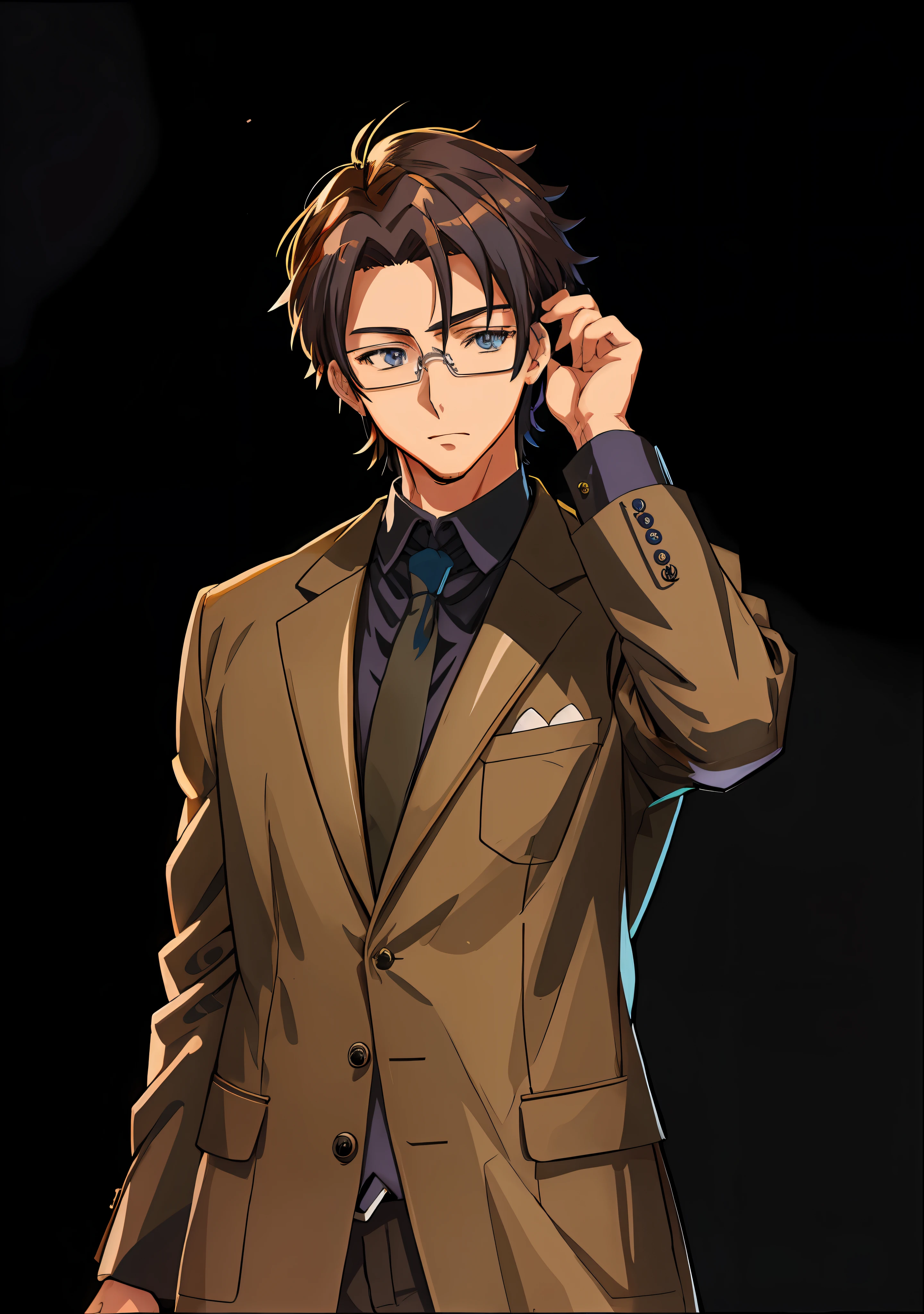 Teacher holding glasses，Official character art of anime man in suit and tie, Tall anime guy with blue eyes, New Xiangcheng, inspired by Hisui Sugiura, honest, anime moe art style, taisho roma, official character illustration，