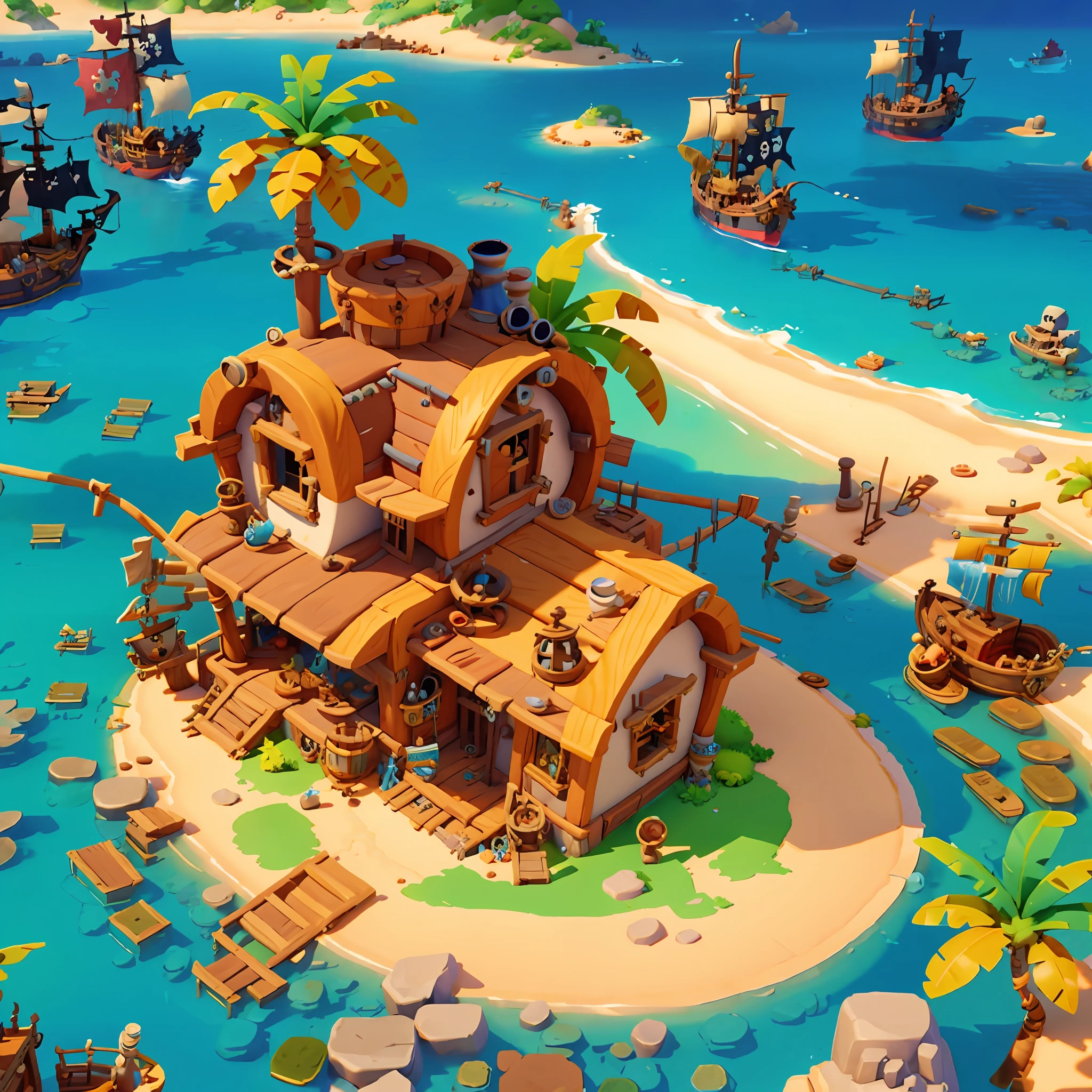 Bright，（pirate ships：1.2），（Dilapidated pirate houseboat：1.2），Pirate treasure，warm sunlight，In the daytime，Western sailing ships，Fantasy style，（Isometric viewing angle：1.2），simplebackground，white backgrounid，conceptual art, by Pixar, hyper HD, Masterpiece, Super detail, Best quality