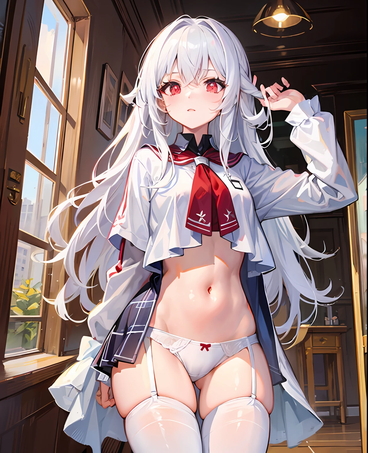 long white hair,red pupils,white stockings,white skirt,white panties,The reveal panties