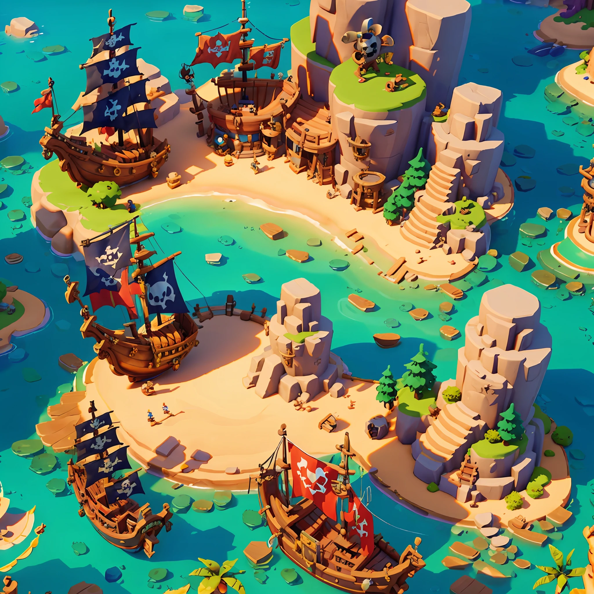 Bright，（pirate ships：1.2），（Dilapidated pirate ships：1.2），Pirate treasure，warm sunlight，In the daytime，Western sailing ships，Fantasy style，（Isometric viewing angle：1.2），simplebackground，white backgrounid，conceptual art, by Pixar, hyper HD, Masterpiece, Super detail, Best quality