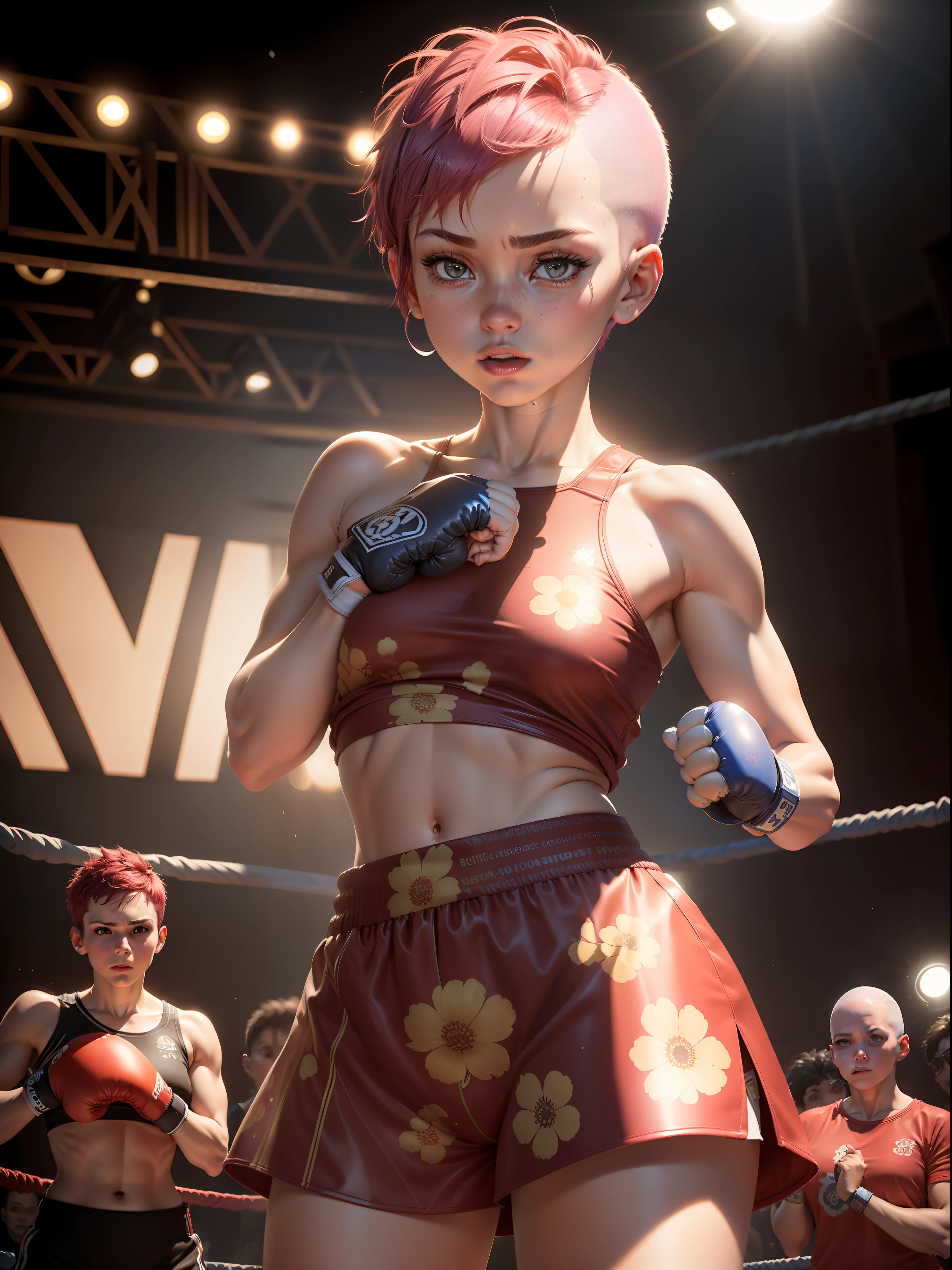 Best Quality, Very elaborate CG Unity 8K wallpapers, boxer, (Photorealsitic:2), 超A high resolution, Highly detailed, A hyper-realistic, 1girl in, (Boxing gloves), Floral pattern, colourfull_head_hair、(((very_short_head_hair))), Short hair, Full Shot, Looking at Viewer, ((Boxing rings)), Bright atmosphere, spot light, Detailed background