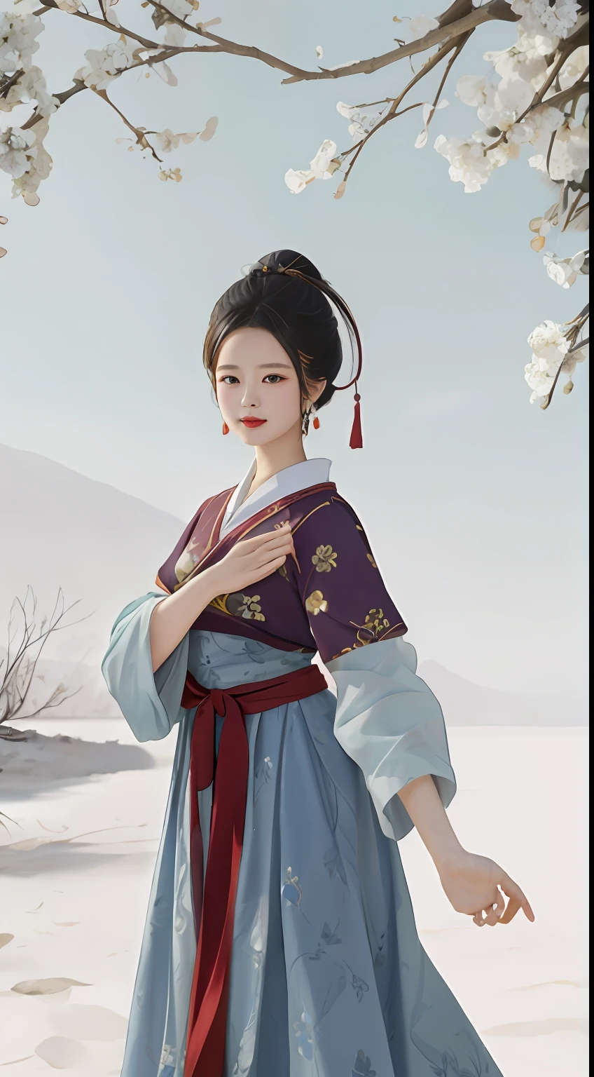 An ancient Chinese beauty standing by the river,中景 the scene is,Wearing ancient Chinese clothing,Flowing tulle silk,(Detailed and perfect facial details),(Beautiful and affectionate eyes),Flowing silky hair,Pavilion,the trees,Flying birds,The vista is mountains,(Ink painting style),Clean colors,Decisive cut,Leave white space,impressionistic,tmasterpiece,(8k wallpaper),(Extremely meticulous and perfectly detailed painting),Epic composition,high high quality,HighestQuali,Master works of painting,realisticlying,Inspired by:《Suzhou Garden》,Ray rendition