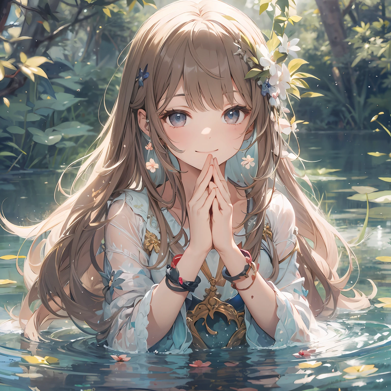 Outrageous resolution、hight resolution、(​masterpiece:1.4)、ultra-detailliert、1girl in、Prayer Pose、Pray、a tranquil lake、the woods、delighted expression、kindly smile、Face up、magia、suki、Serene、Floating hair、spaces、The bikini、floating、 --v 6