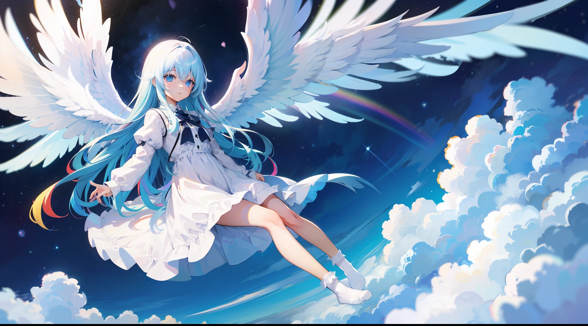 Rainbow long hair, god, white wings, sky, blue eyes, white dress, white socks, no shoes, starry sky