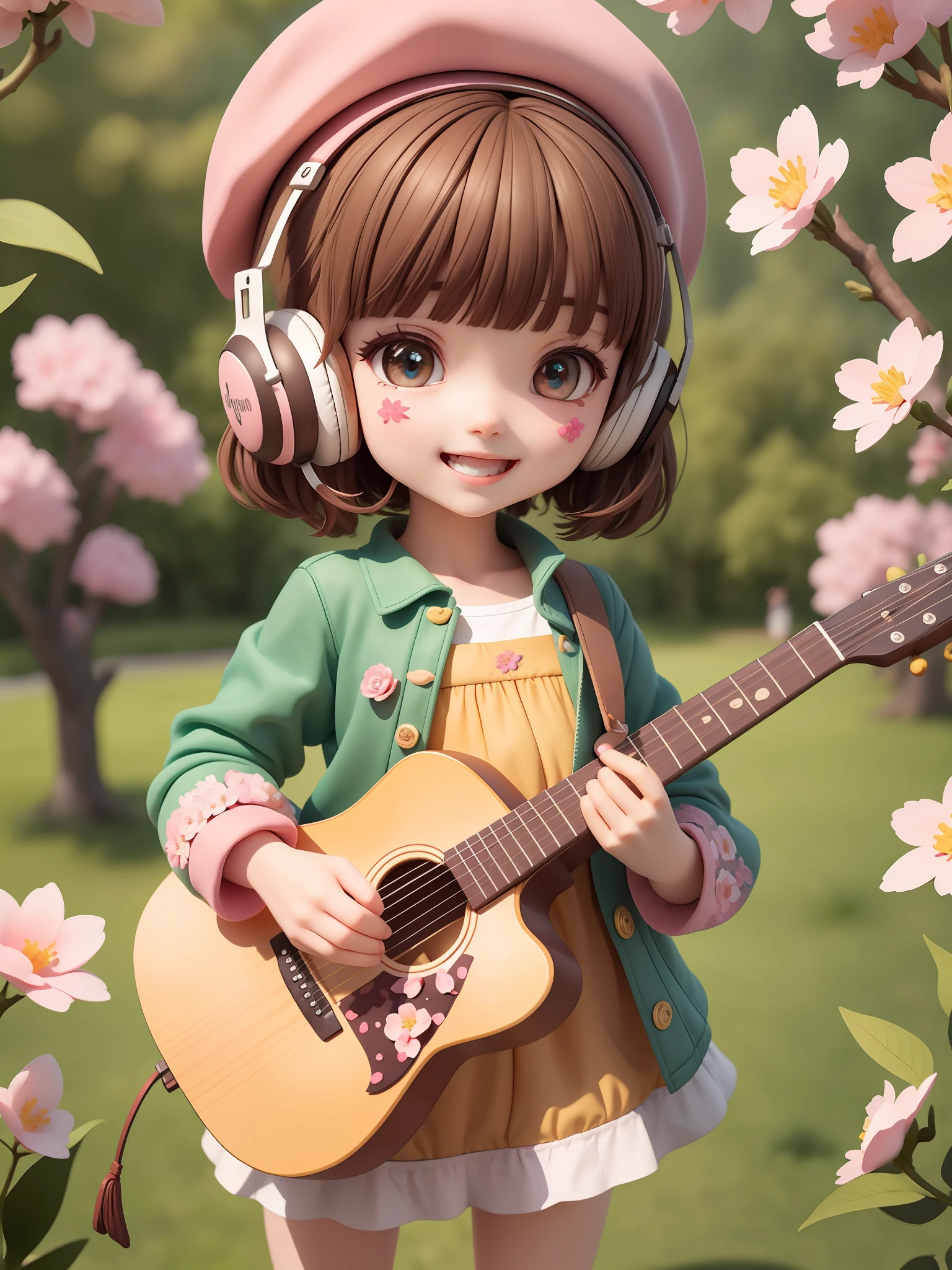 (masterpiece),(best quality),(ultra-detailed), (full body:1.2), 1girl,chibi,cute, smile, open mouth, flower, outdoors, playing guitar, music, beret, holding guitar, jacket, blush, tree, :3, shirt, short hair, cherry blossoms, green headwear, blurry, brown hair, blush stickers, long sleeves, bangs, headphones, black hair, pink flower, (beautiful detailed face), (beautiful detailed eyes),