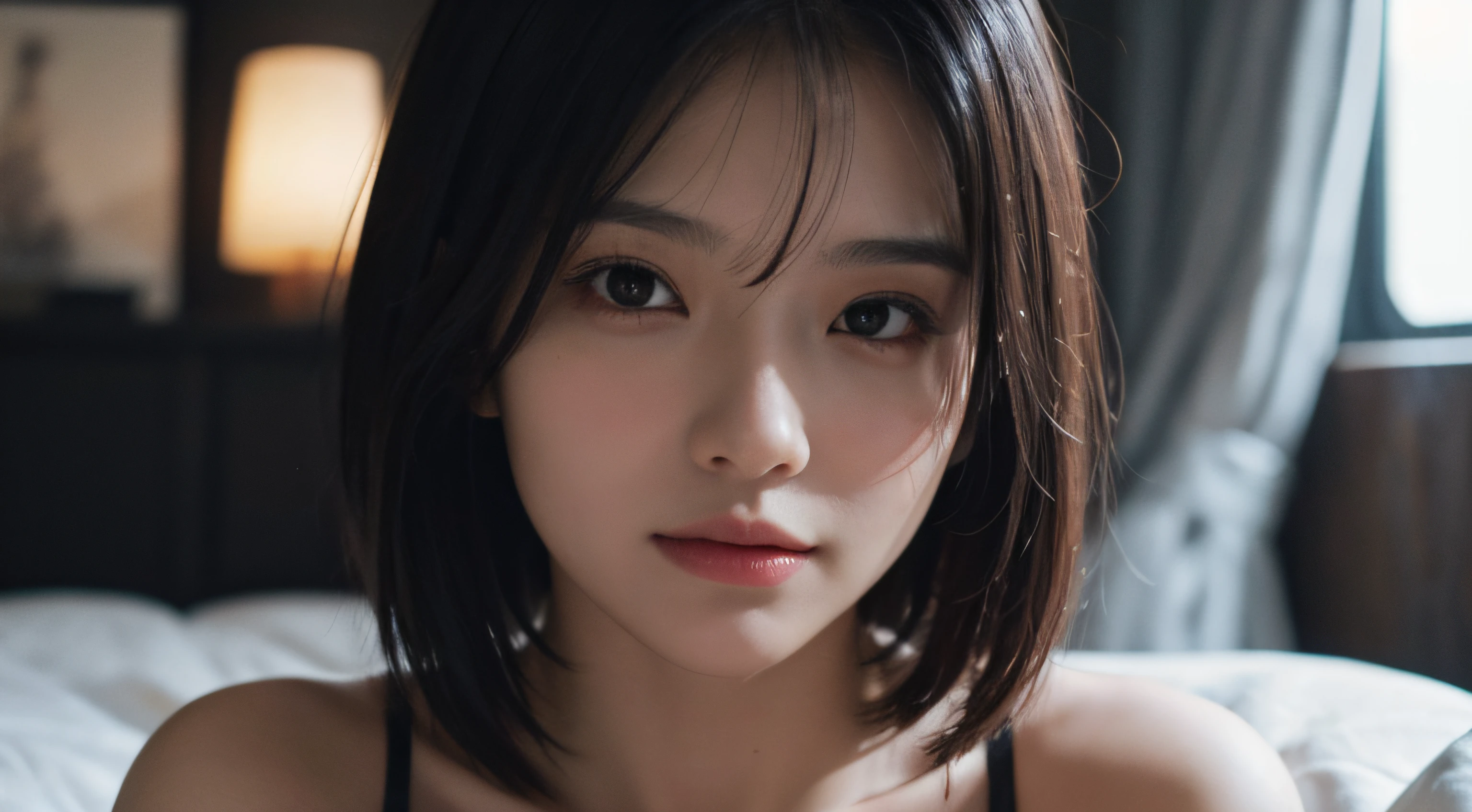 best qualtiy, tmasterpiece, 超高分辨率, (realisticlying:1.5), RAW photogr, 1girll, bshoulders, in the darkness nigth, deep shading, low tune, cold light, Sexy look, short detailed hair,((best qualtiy,8K,tmasterpiece:1.3))),Clear focus:1.2,(layer cut,The large:1.2),Beautiful Women in Perfect Figure:1.4,Moist body:1.5,Highly Detailed Face and Skin Textur,Detailed eyes,二重まぶた,