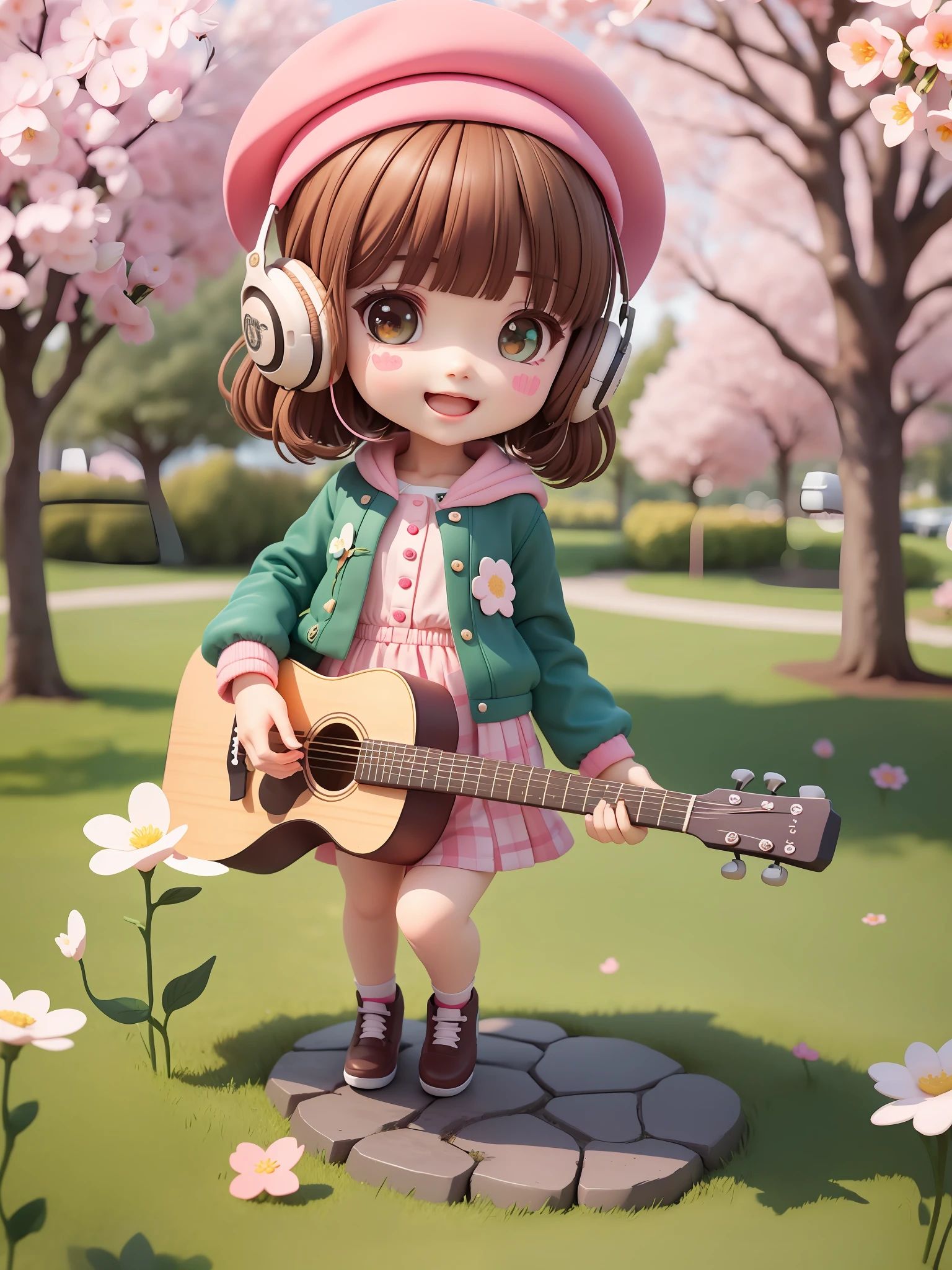 (masterpiece),(best quality),(ultra-detailed), (full body:1.2), 1girl,chibi,cute, smile, open mouth, flower, outdoors, playing guitar, music, beret, holding guitar, jacket, blush, tree, :3, shirt, short hair, cherry blossoms, green headwear, blurry, brown hair, blush stickers, long sleeves, bangs, headphones, black hair, pink flower, (beautiful detailed face), (beautiful detailed eyes),