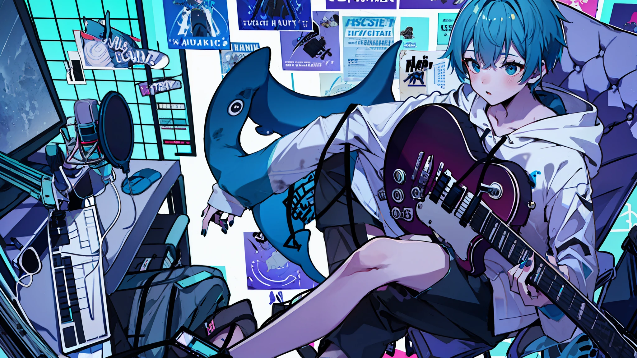 masterpiece, high quality, full body, ((1boy)), (Boy Wearing a blue shark tail hoodie), (Boy Messy Japanese Round Haircut for Thick Hair), (blue nails), (blue hair), black shorts, ((solo)), fashionable, overdose, 1boy, solo, holding, sitting, chair, instrument, microphone, guitar, cable, computer, monitor, holding instrument, electric guitar, poster (object), keyboard (computer), mouse (computer), amplifier,