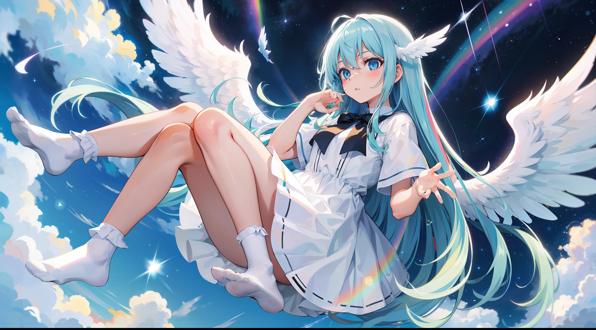 Rainbow long hair, god, white wings, sky, blue eyes, white dress, white socks, no shoes, starry sky