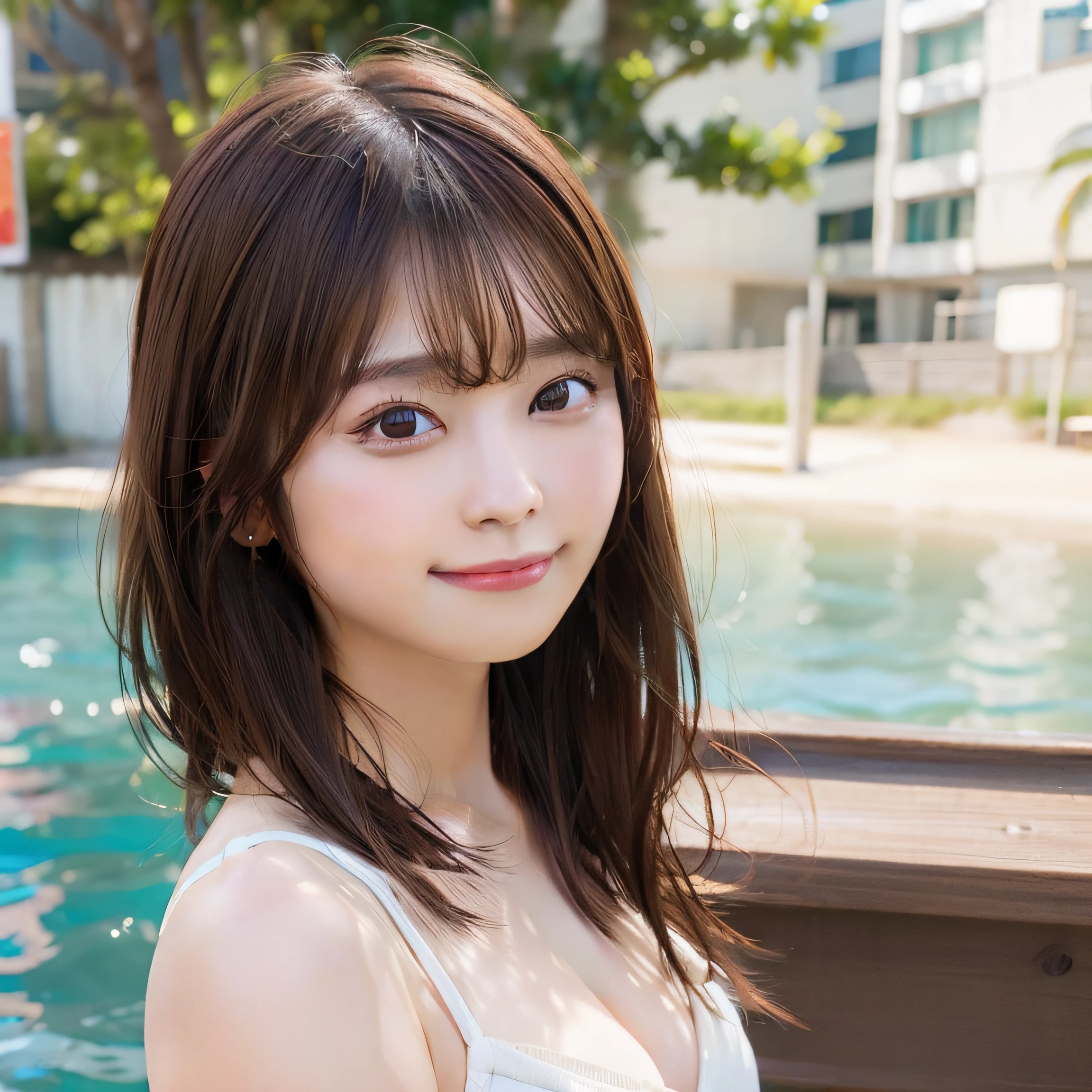 8K,Best Quality, 超A high resolution, (Photorealistic:1.4),​masterpiece:1.3, Raw photo, (upper thigh:1.5, From Side:0.7), (Bokeh:1.２), sea side:1.3, (in a suite:1.6),sand beach:1.1, 1日本人の女の子, Cute, (Solo:1.6), (Shy smile), Smooth skin, (Brown medium hair,Bangs), (touch hair:1.4),nogizaka,Cute swimsuit,Beautiful black eyes:1.３、full bodyesbian:1.3