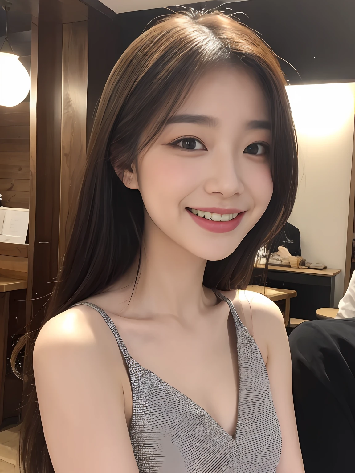cafes、1 girl in、hair pin、耳Nipple Ring、jewely、brown haired、looking at the spectator、s lips、Playful、beautiful smiling face、1girl in、Beautiful woman with tight abs:1.4、(tiny chest:1.3)、Dressed in a dress、A detailed face、murky、darker shadows、Unobtrusive、pureerosfaceace_v1、A smile、Bust、long legged、thin-waist、 upturned ass、Super Fine Makeup、Ultra-luxury clothing material that opens lips seductively、There was a sweet smile on his face.、It seems to be dancing in harmony with its surroundings。Her breath is、It's as if your whole body is radiating the energy of youth.、Full of vitality and vitality。Her presence makes the whole picture more vivid.、a person々Makes you feel infinite joy and vitality in、Izakaya