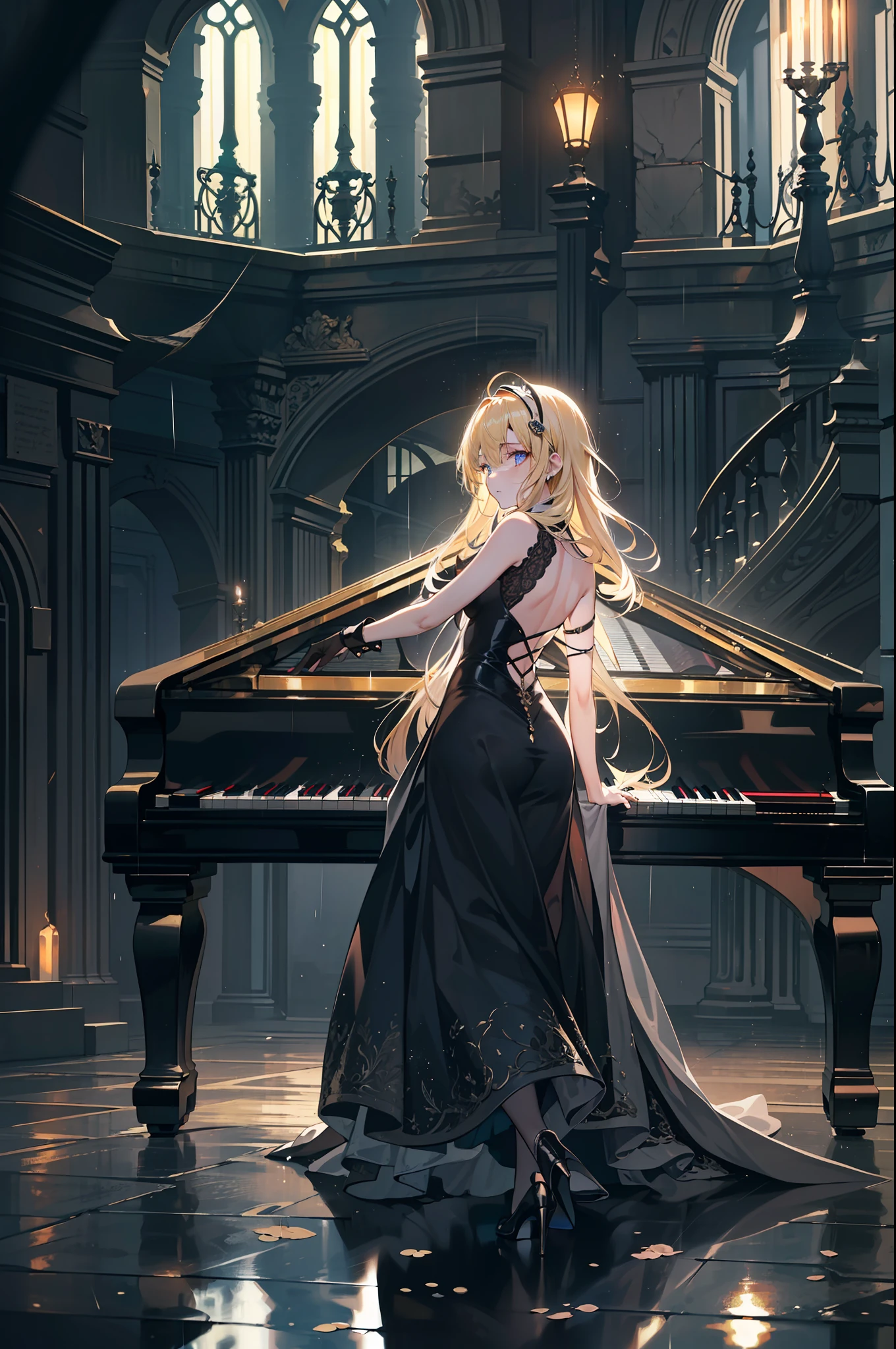 masterpiece,(bestquality),highlydetailed,ultra-detailed,(dark),(intense shadows),(at the castle),(rainy night in a cyberpunk city with glowing neon lights),(piano),(player),(solo),(elegant),(long black gown),(reflection on the piano),(soft candlelight),(melancholic),(gentle touch),(flowing music notes),(emotional),(fingers gliding on the keys),cold, solo, (1boy), deteiledeyes, shinegoldeneyes, (blondhair: 0.8) (lighteyes: 0.8)
