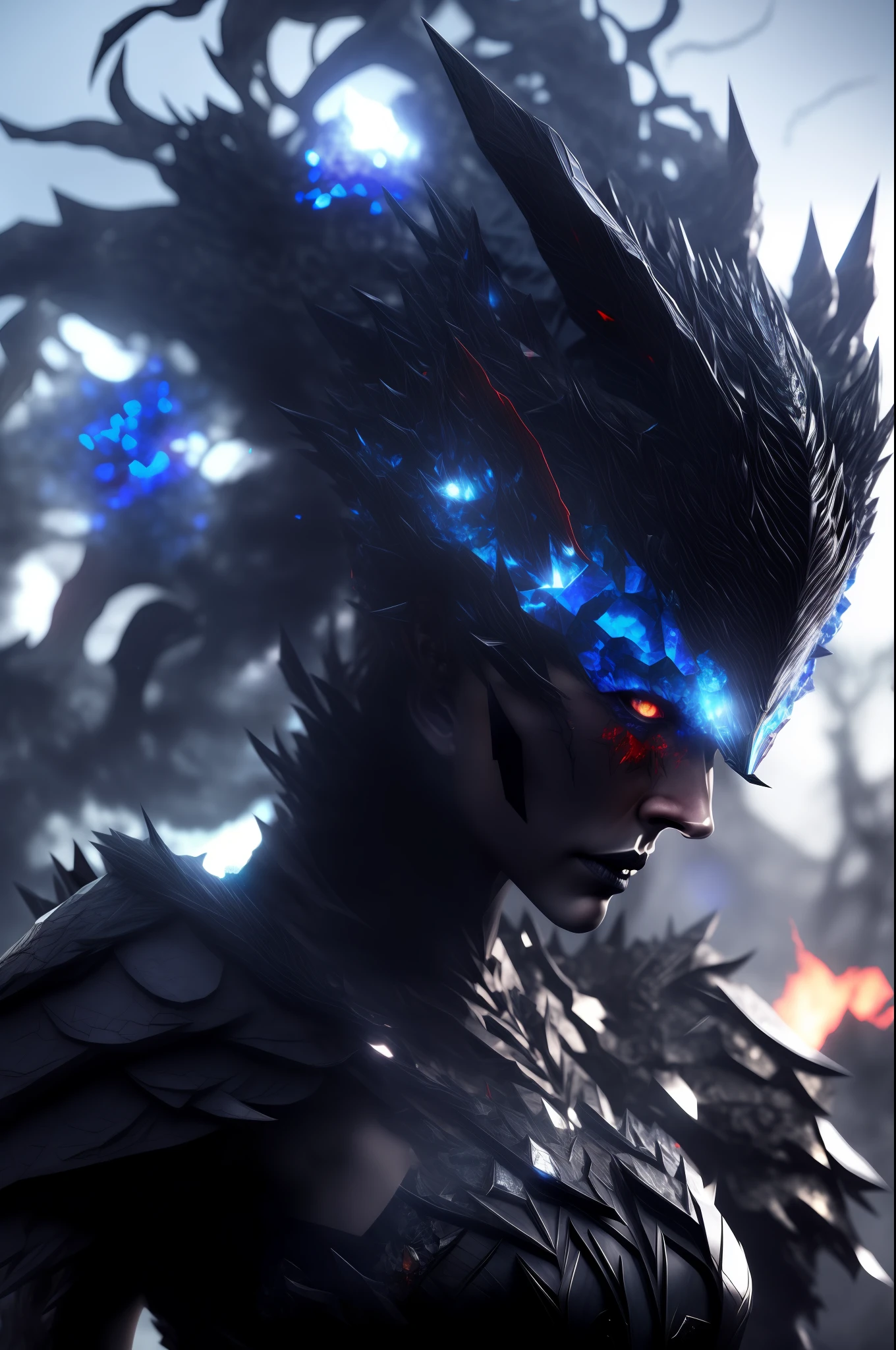 Concept 3: Female Demon Queen with Obsidian Scales Description 3: A female demon queen encased in jagged obsidian scales, The crown of sin burning with blue flames was worn by her on her head, emerges from blue hellfire,Surrealism, 16k resolution, nature lighting,Accent lighting,Red flowers surround the figure,(Picture of broken glass:1.1),multiple exposure,Split screen,Red Moon Exposed,