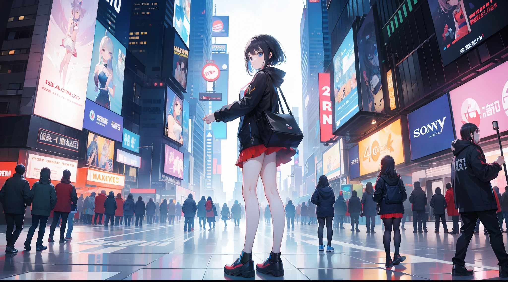 On the street,168cm girl,time square,Look into the distance,Slim figure,Comic leg,,Masterpiece,4K Ultra Clear,Sony Master Lens,wide angles