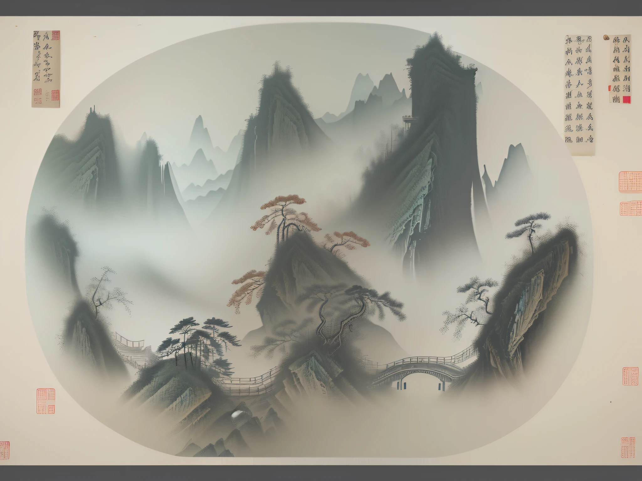Painting on walls with lakes and mountains, Chinese feng shui painting, Trend of CGsociety, streetart, painted on a giant wall, powerful painting, dramatic artwork, incredible painting, Beautifully painted, mural art, artist unknown, hand painted style, Detailed scenery —width 672, 8K)), scenery art detailed