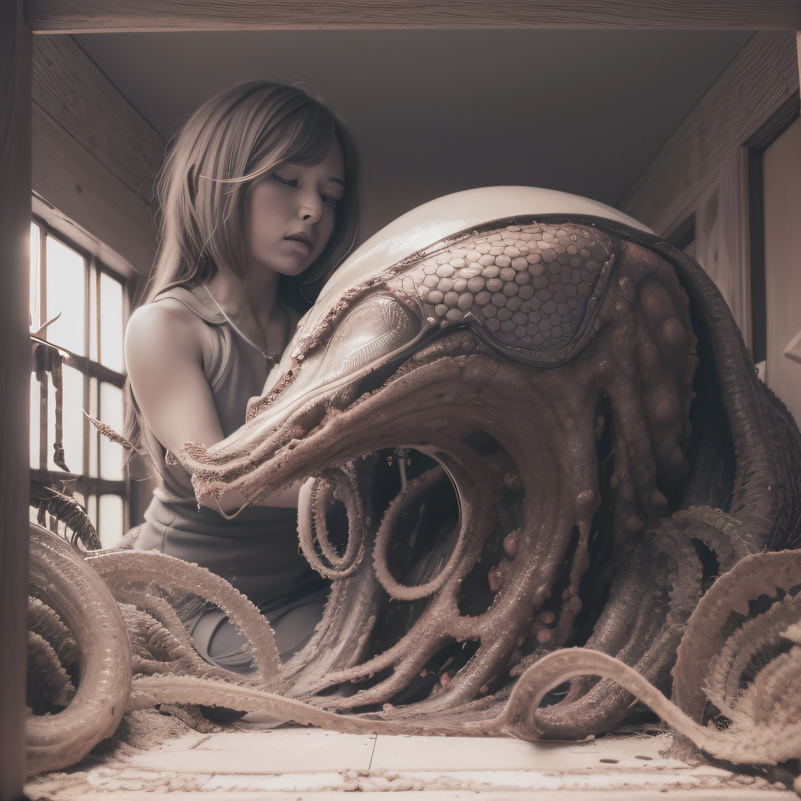 (extremadamente detallado, obra maestra, La mejor calidad), Estilo oscuro, intense illumination, rostro con arrugas, lengua larga, tentacle, deforme, monstruoso, interior de una piscina de agua verdosa, imagen submarina, alien con Colmillos finos, pico de pulpo amenazante. manchas de tinta. Rococo composition. Luz de caravaggio