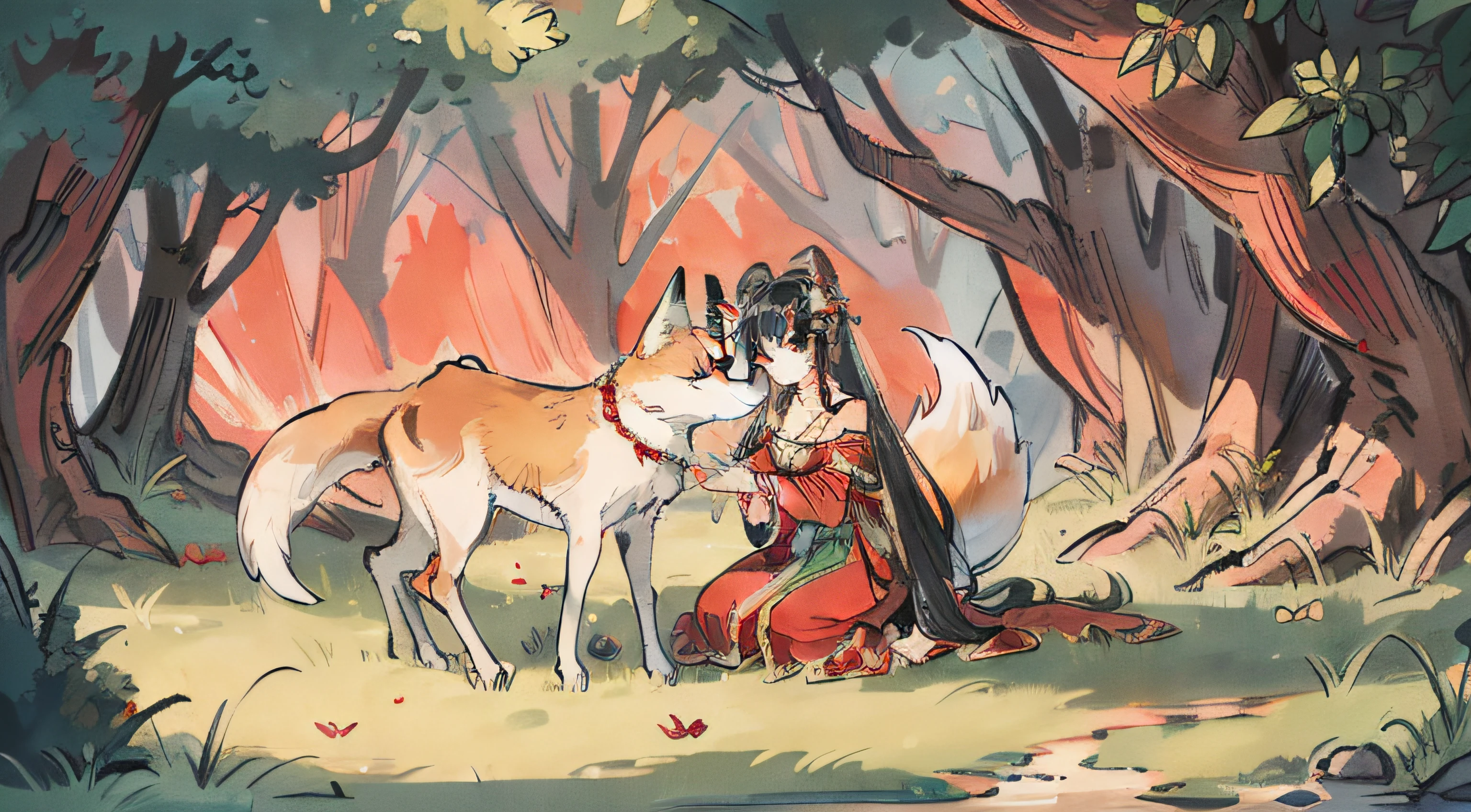 An ancient woman,Showy clothes,Flashy clothes,jewelry,A fox next to it that has always been red,NOWAI,In the forest