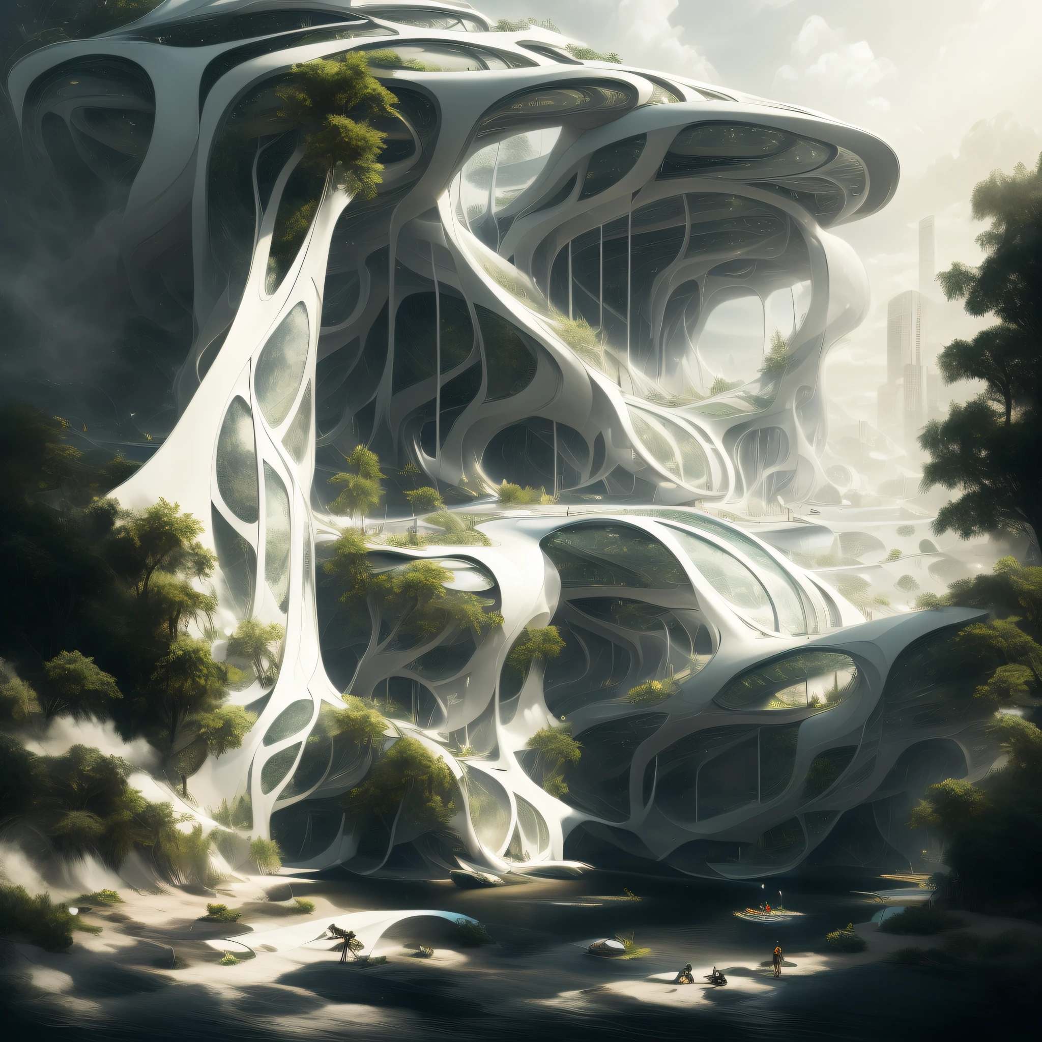Futuristic design of an awesome sunny day environment concept art on a futuristic forest terrain with huge waterfalls,streams,sacred grooves, nature architecture, proportional,detailed, blueprint,bright clouds, nature meets futuristic architecture by Santiago Calatrava and Vincent Callebaut with Wes Anderson village,residential area, futuristic development, high rise made up staircases, balconies, full of composite glass facades, residential spaces carved from cliff side ,trending on artstation, beautiful lighting,In the style of Andreas Achenbach and Norman Ackroyd masterpiece, fantasy, intricate, award winning, 4k, highest quality