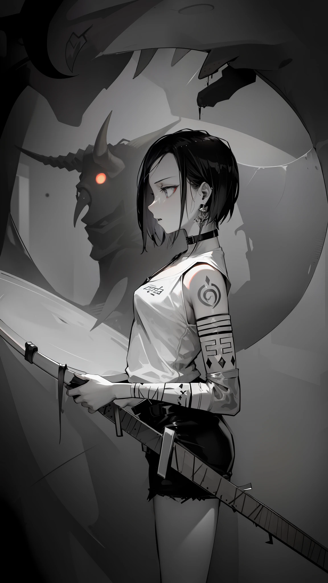 A girl holds a knife，The girl's side，With a collar around the neck，The background is a monster,  mostly greyscale, The demons，with short black hair，whitet-shirt，Black  shorts，with tattoo on the arm，bandagens，Sharp eyes，ear studs，The demons，teeth，Devil's Eye，white backgrounid，circle of the crone，（Serious expressions）