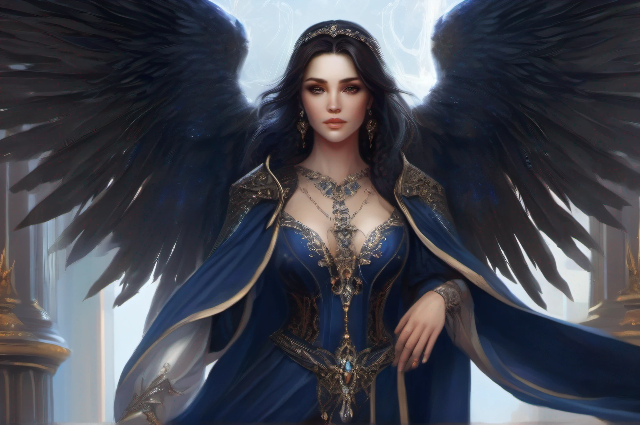 A dark-haired female pretty cleric with a pair of majestic black angel wings, draped in ornate robes of midnight blue.