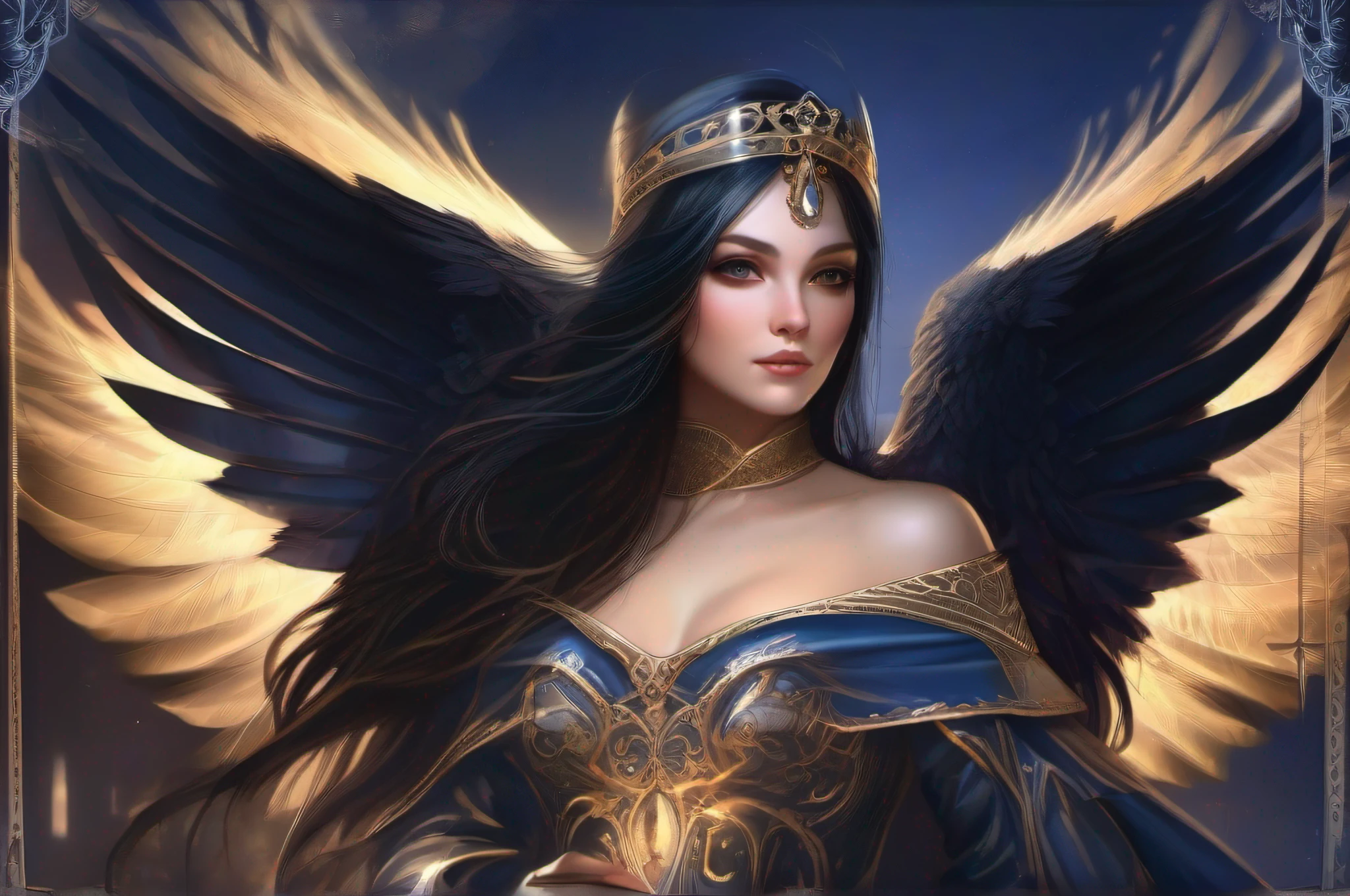 A dark-haired female pretty cleric with a pair of majestic black angel wings, draped in ornate robes of midnight blue.