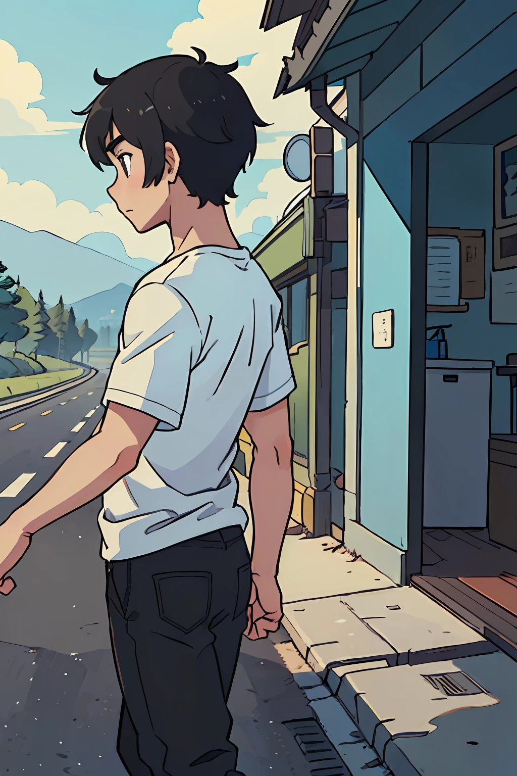 Illustration of a boy messy black hair , slim and short, walking parallel to the road, ((view can be seen from the side)), it is a side angle, we can only see him one side, he is lookin ahead,
