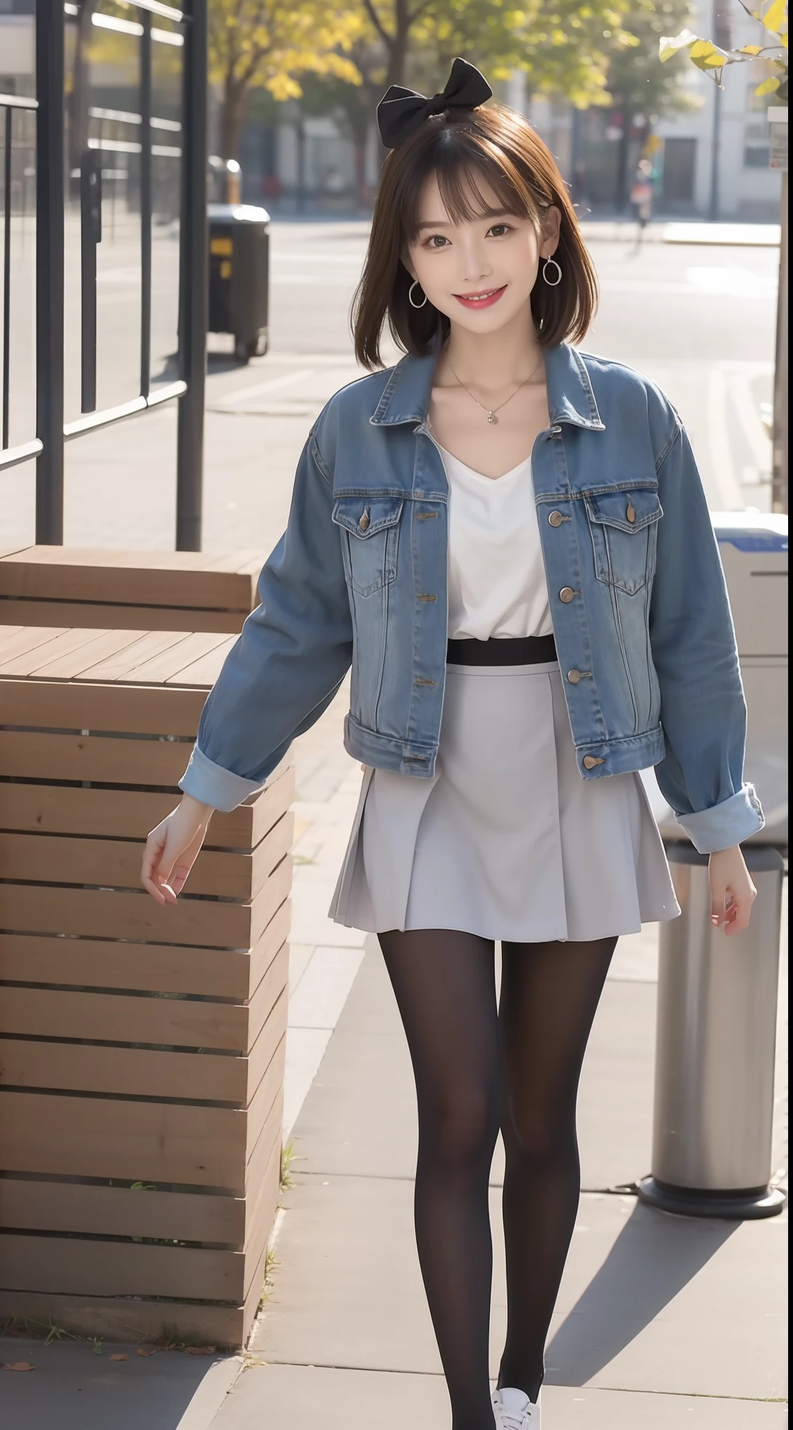 (Smiling female teacher 1.5),(true to life,Photorealistic 1.5),((best qualtiy, 8K, tmasterpiece:1.3)),SLR camera (二重まぶた,largeeyes:1.3),(smile1.5),(Full body photo 1.5)(One person 1.5)Clear focus 1.2, Perfect body beauty:1.4 , Delicate skin1.1,(Short silver-white hair 1.6),(Bangs 1.4),(Pure desire 1.3)(Black pantyhose 1.5)(The leg length is one meter two,1.5),camisole,Denim jacket,Bow knot,pleatedskirt,Slender legs,canvas shoe,With earrings,Wristband jade bracelet,School playground