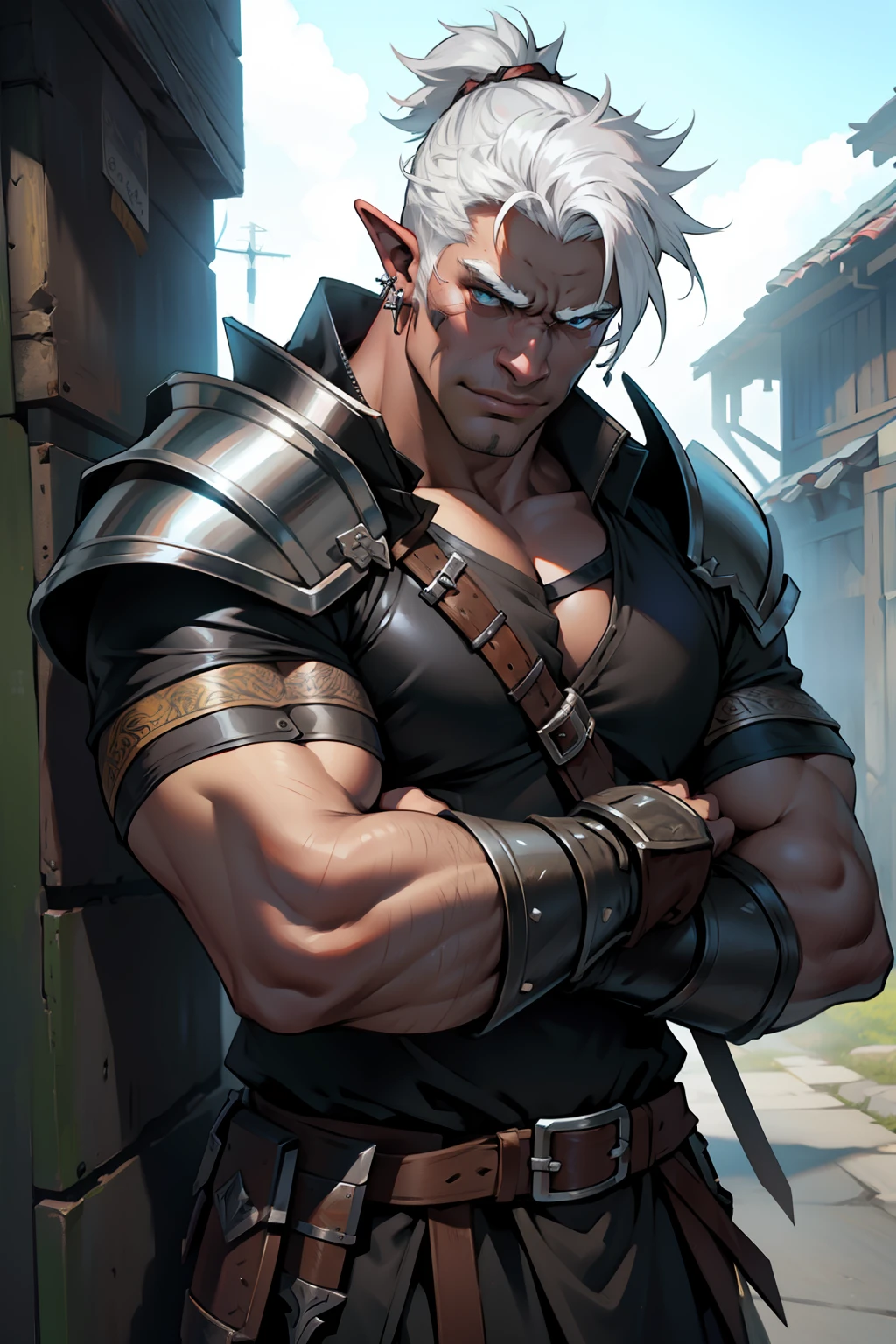 Masterpiece, Best quality,Berserker,Orc male,Wearing black leather armor,Clear facial features,Wearing earrings,Silvery-white hair,mercenary